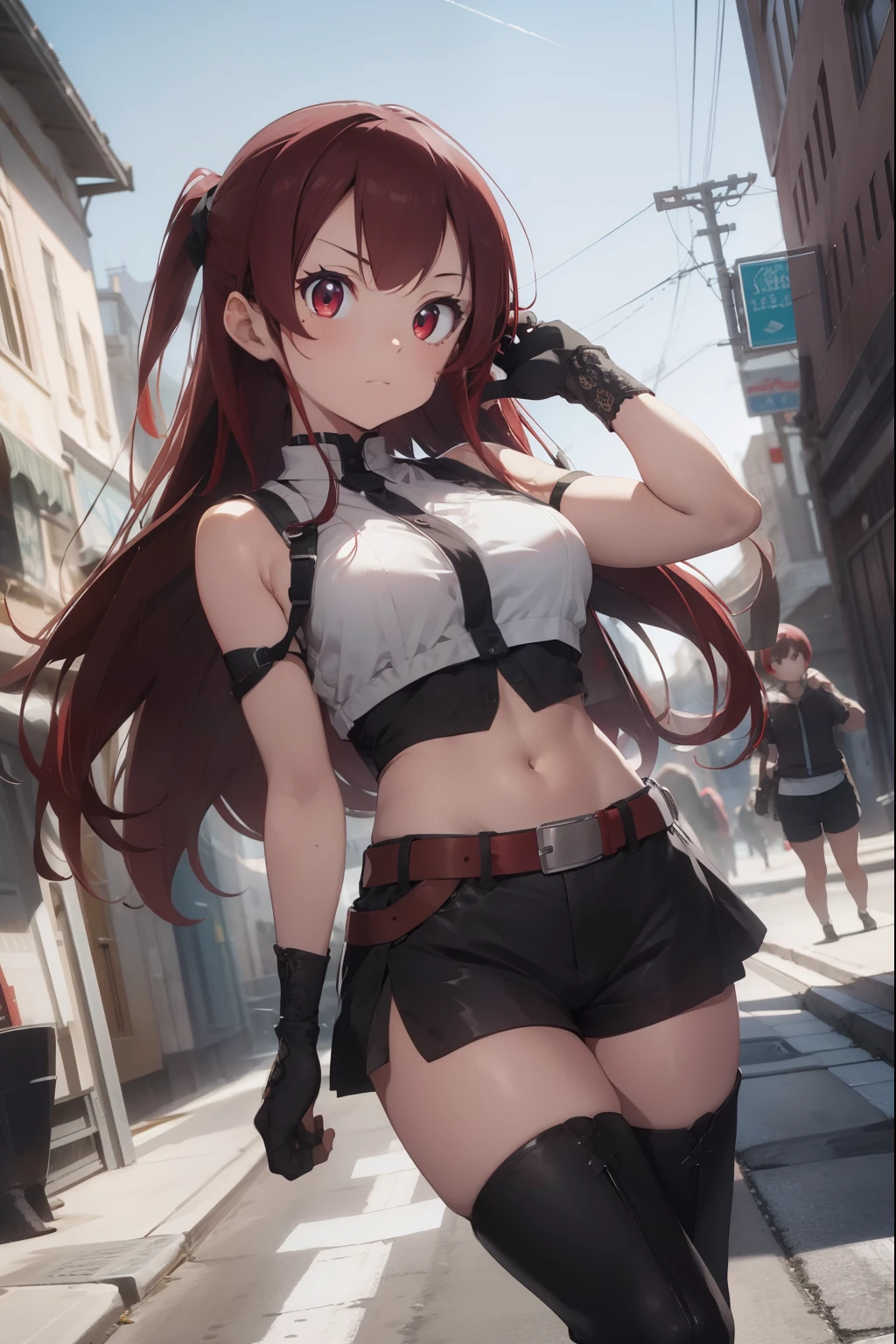 erisgreyrat, eris greyrat, ahoge, hair between eyes, long hair, (red eyes:1.5), red hair, sidelocks, (large breast:1.2),
BREAK bare arms, bare shoulders, belt, black footwear, black gloves, black shorts, black thighhighs, boots, crop top, fingerless gloves, gloves, midriff, navel, shirt, short shorts, shorts, sleeveless, sleeveless shirt, stomach, thigh boots, thighhighs, white shirt, wing collar
BREAK looking at viewer,
BREAK outdoors, city,
BREAK (masterpiece:1.2), best quality, high resolution, unity 8k wallpaper, (illustration:0.8), (beautiful detailed eyes:1.6), extremely detailed face, perfect lighting, extremely detailed CG, (perfect hands, perfect anatomy),