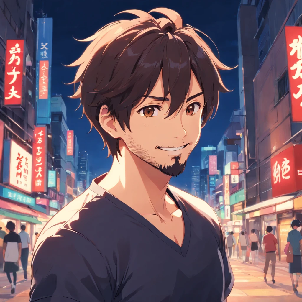 (Front view:1.4),Groomed beard,40-year-old dandy man,Composition of the upper body,Makoto Shinkai's painting style,japanes,(A smile:1.3),Ridicule,A tall man,a beard, Delicate facial features like an actor,Short-haired true black hair, (Black Y-shirt:1.4), Intense muscles, eyes are brown, One color background、Solid background color、Plain background、Red background