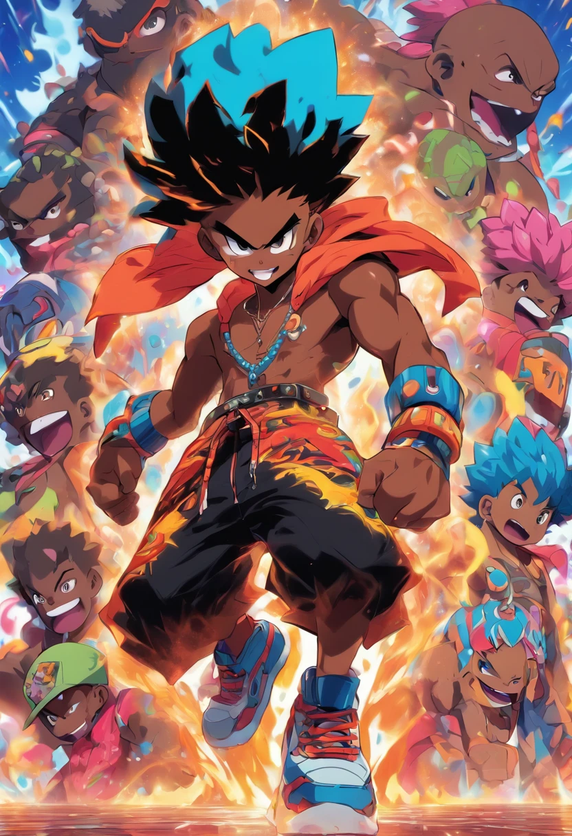 Monster Boy, Caramel Brown skin Black boy moor, Bald Hairstyle, Streetwear, Full Slime Body, colors neon, risa loca, malvada