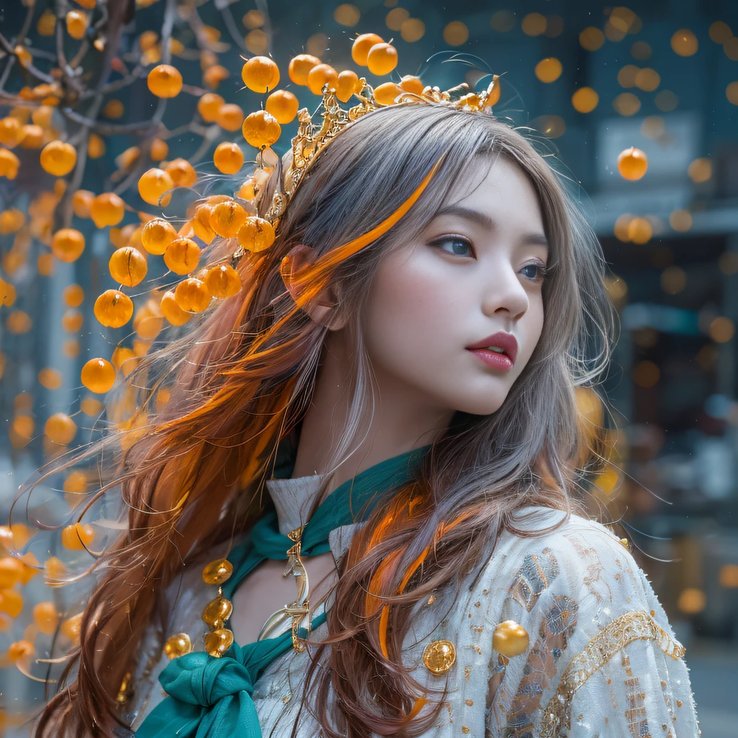 cyan colors，blue colors，enamel，agates，A flesh-colored world，Blood Girl 32K（tmasterpiece，k hd，hyper HD，32K）Long flowing bright orange hair，blood pond，zydink， a color，Grumpy （Post-halo）， （Linen scarf）， Combat posture， looking at the ground， long whitr hair， Floating bright orange， Fire cloud pattern gold tiara， Chinese long-sleeved gold silk burgundy garment， （Abstract metaverse splash：1.2）， white backgrounid，Lotus vitality protector（realisticlying：1.4），Bright purple hair，Smoke on the road，The background is pure， A high resolution， the detail， RAW photogr， Sharp Re， Nikon D850 Film Stock Photo by Jefferies Lee 4 Kodak Portra 400 Camera F1.6 shots, Rich colors, ultra-realistic vivid textures, Dramatic lighting, Unreal Engine Art Station Trend, cinestir 800，A girl with long flowing bright orange hair，Huge multicolored bubbles