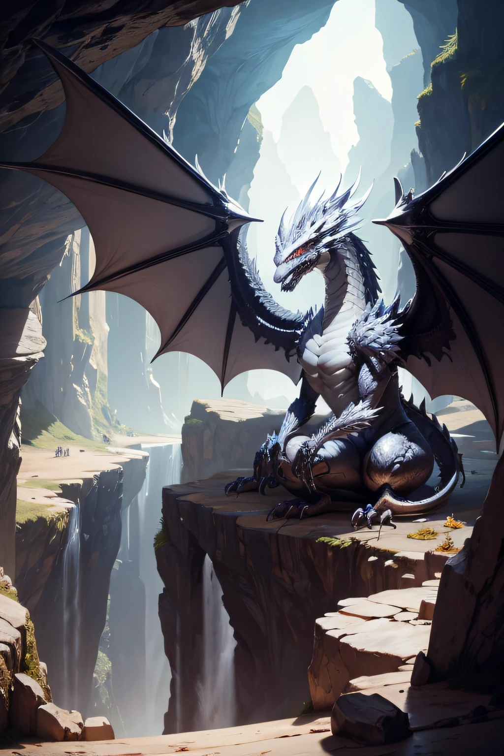 silver dragon with wings resting in a cave