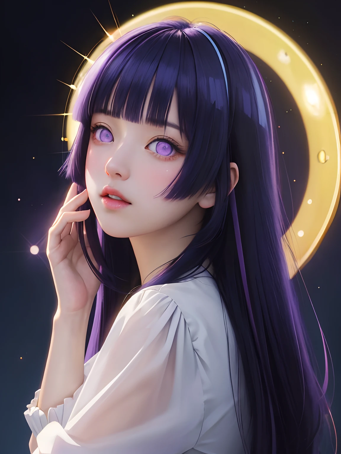 (best quality, masterpiece:1.2),ultra detailed,(photo realistic:1.4),solo,cute girl,(colorful illumination:1.1),light_particles, summon,on hand,luminescence_circle_background,Blunt Bangs, purple eyes, long dark blue hair