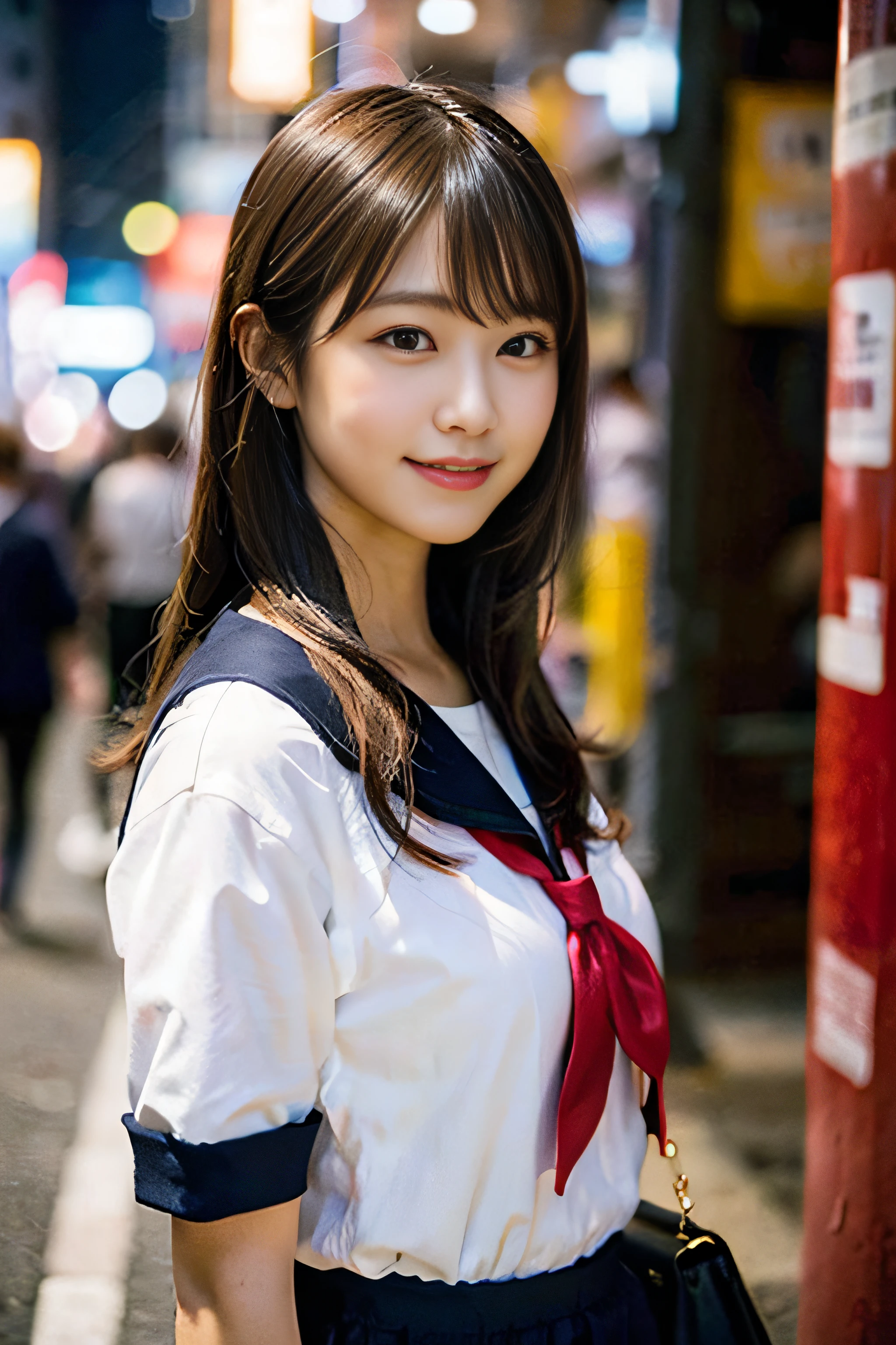 (8K、Raw photography、top-quality、​masterpiece:1.2)、(realisitic、Photorealsitic:1.37)、ultra-detailliert、超A high resolution、女の子1人、see the beholder、beautifull detailed face、A smile、Constriction、(Slim waist) :1.3)、Beautiful detailed skin、Skin Texture、Floating hair、Professional Lighting、Whole human body、Longhaire、a blond、japanese hight school uniform、a sailor suit、matsuri、In the street、natta、Neon Street、Urban in Asia、Bob Hair、Happy smile