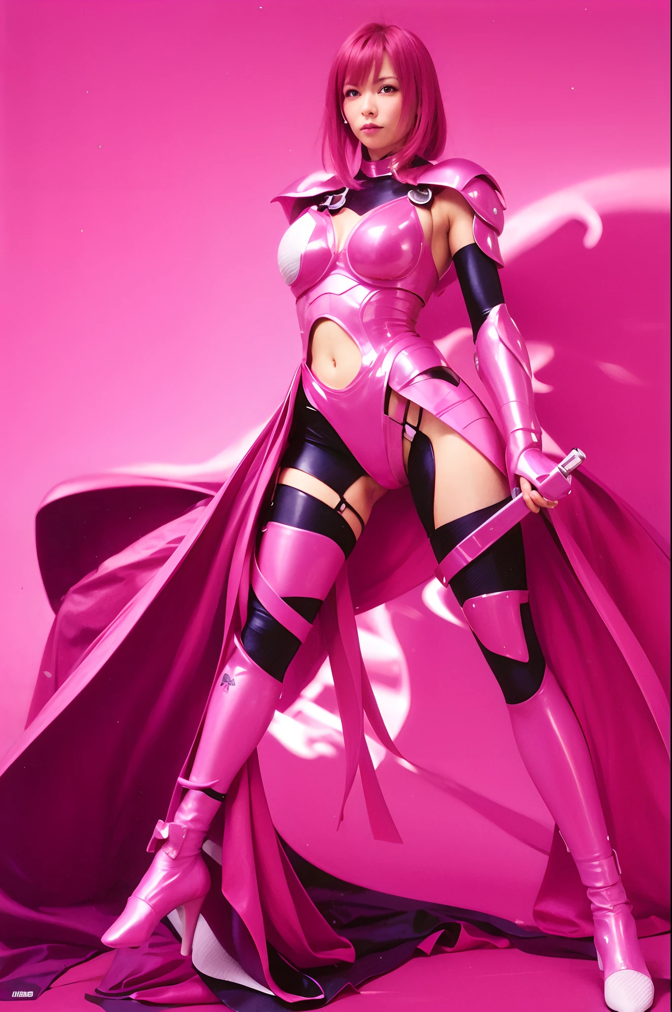 Woman in pink costume holding sword, slick pink armor, juri misaki, shining pink armor, streamlined pink armor, full body zenkai! asuka suit, fuchsia skin below the armor, knights of zodiac girl, fuchsia skin below the armor, The background is a café