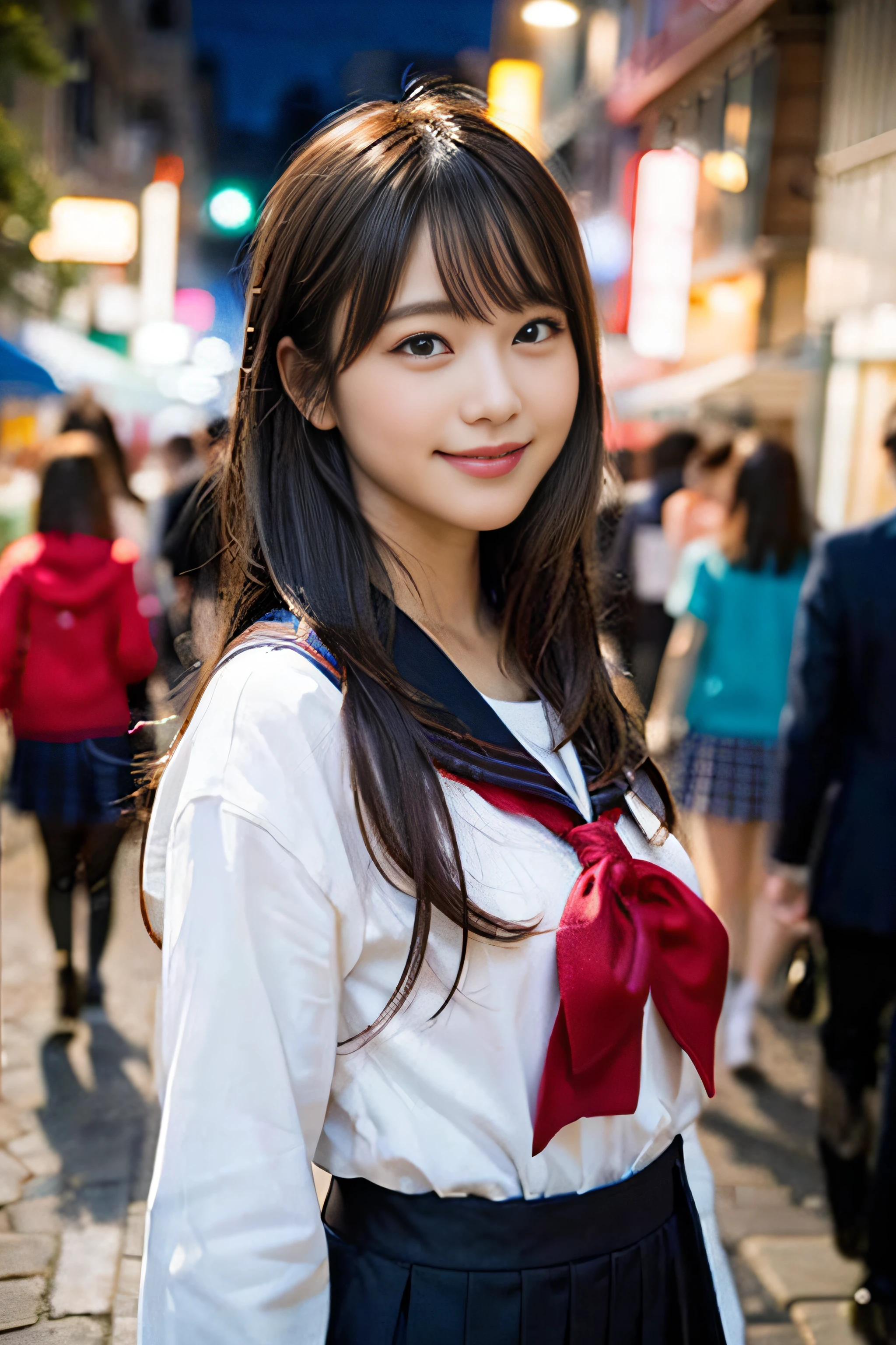 (8K、Raw photography、top-quality、masterpiece:1.2)、(realisitic、Photorealsitic:1.37)、ultra-detailliert、超A high resolution、女の子1人、see the beholder、beautifull detailed face、A smile、Constriction、(Slim waist) :1.3)、Beautiful detailed skin、Skin Texture、Floating hair、Professional Lighting、Whole human body、Longhaire、a blond、japanese hight school uniform、a sailor suit、matsuri、In the street、natta、Neon Street、Urban in Asia、Bob Hair、Happy smile