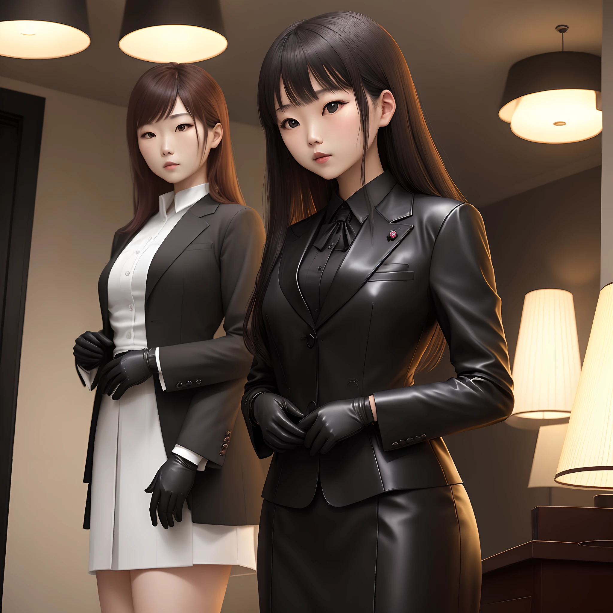 A woman wearing a men's three-piece suit with a black shirt, wearing black leather gloves in both hands, a Japanese girl, a dark hotel room