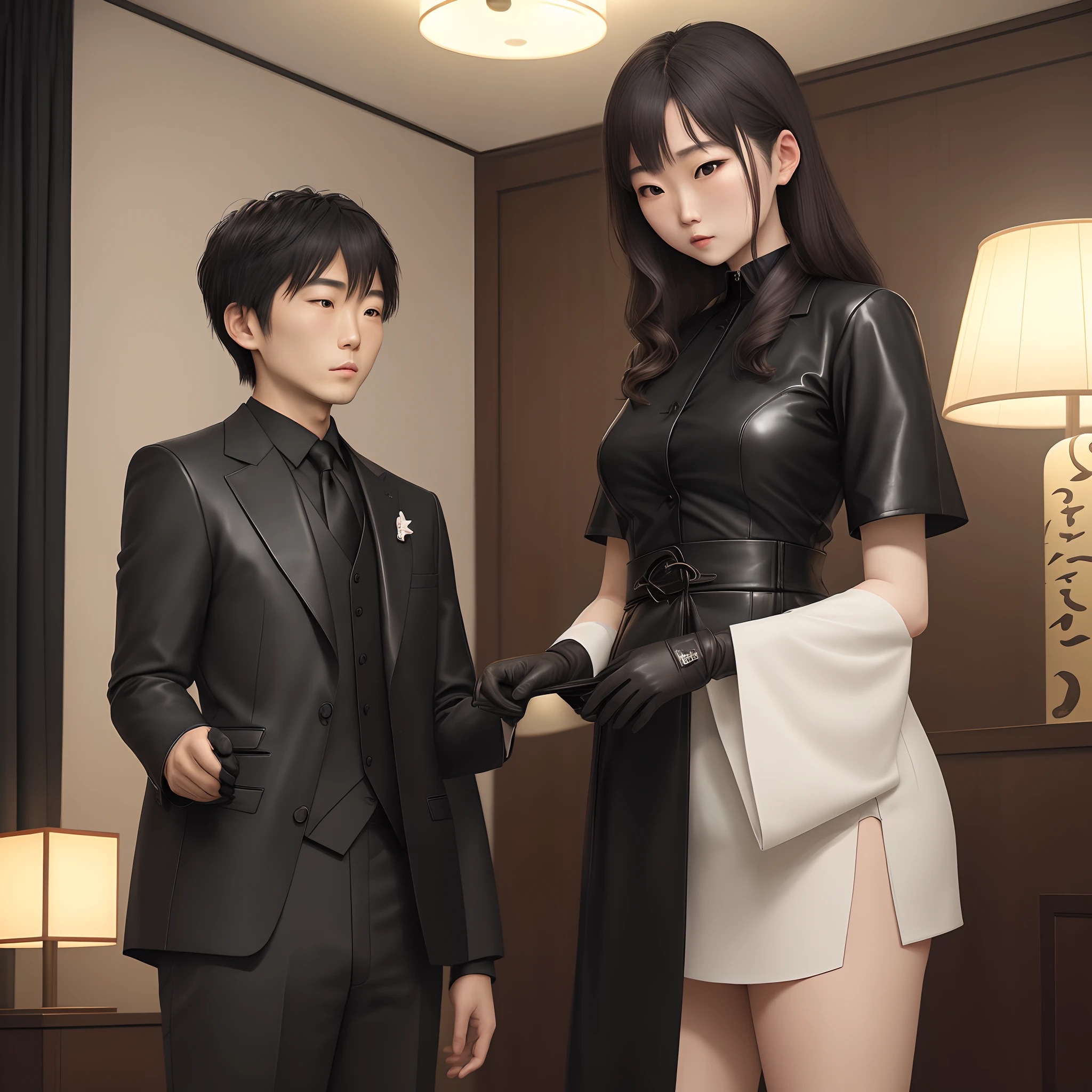 A woman wearing a men's three-piece suit with a black shirt, wearing black leather gloves in both hands, a Japanese girl, a dark hotel room