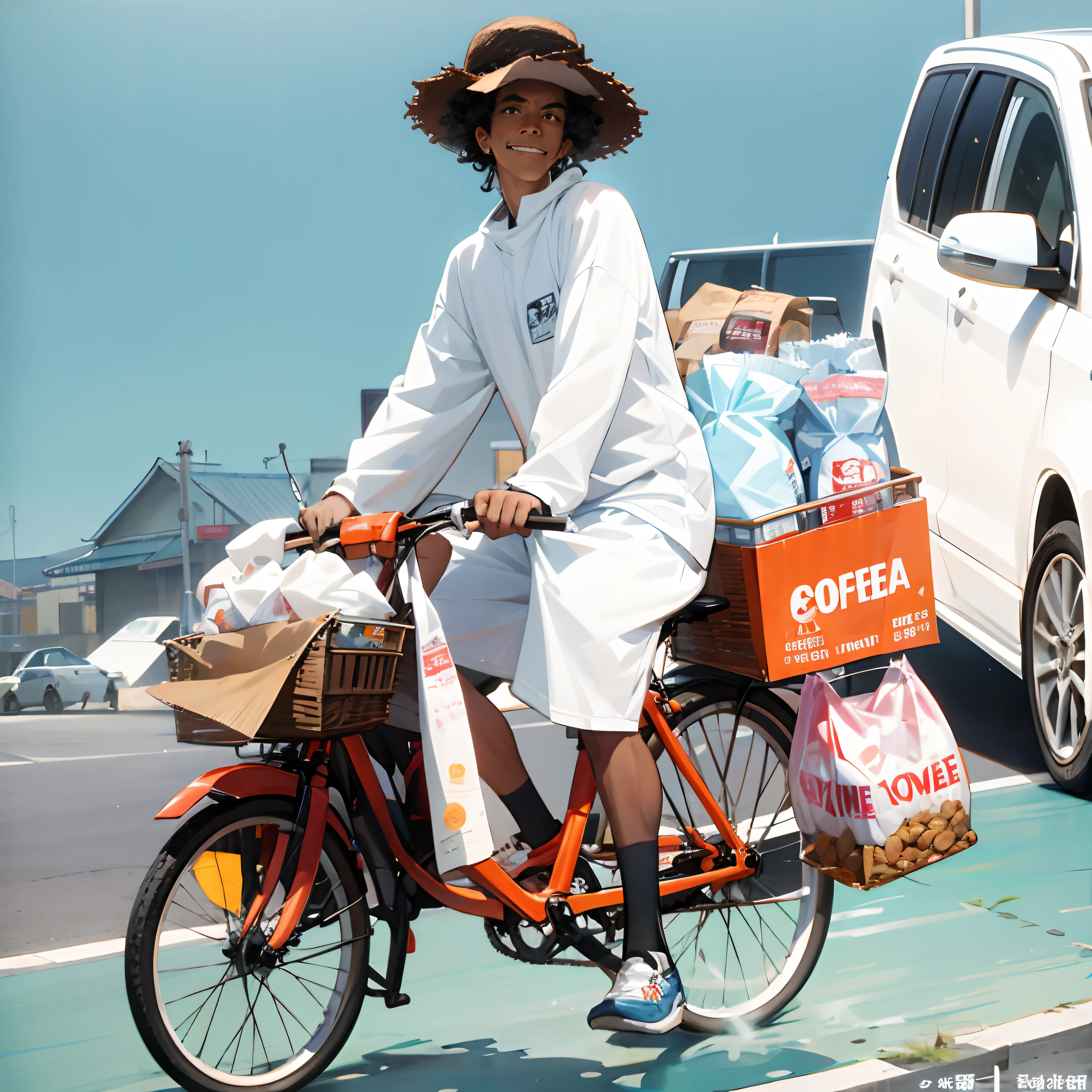 Afro man riding bike with basket full of coffee sachet, south east asian coffee seller, in style of Onepiece, Aokiji, absurdres, high res, ultrasharp, 8K, masterpiece, looking at viewer, detailed face feature, no hat