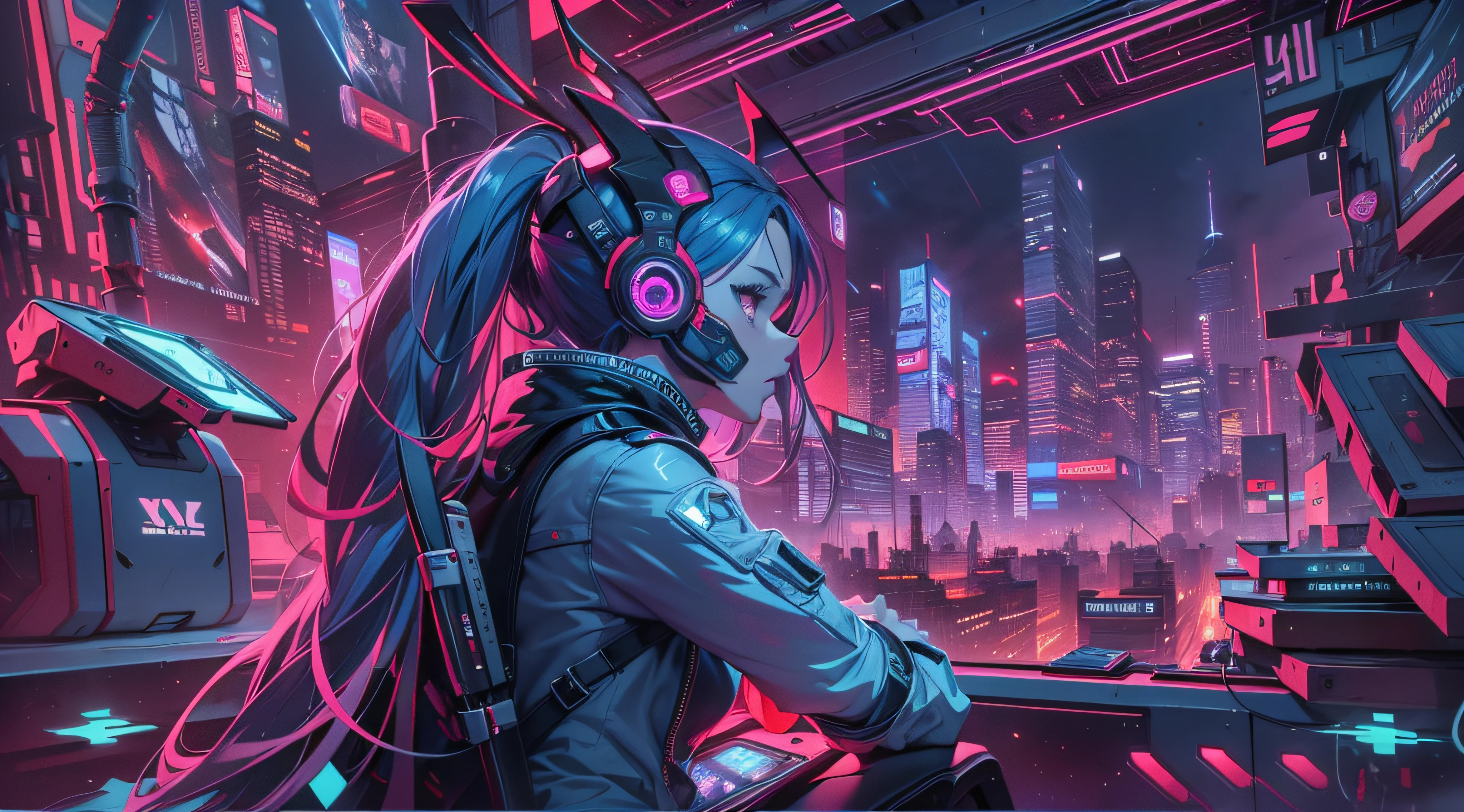 Please express the background of the metaverse space depicting the urban landscape of the near future with art. Ideally, your scene will include skyscrapers, shiny billboards, and futuristic vehicles.Create a metaverse background with cyberpunk elements. Paint a landscape with neon lights, technology-filled alleyways, and digital art integrated.Imagine the background of a metaverse space where futuristic nature and technology are fused. Express a landscape where advanced plants and ecosystems coexist with futuristic technology through art.
Blue hair, braided ponytail, magenta eyes,1 girl,