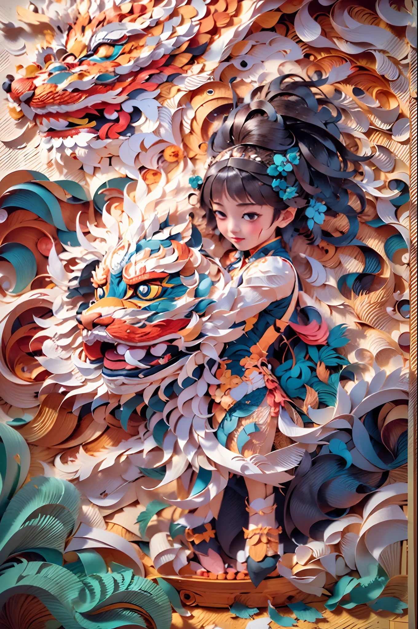 (illustration:1.3，paper art:1.3, Quilted paper art:1.2)，China-style，Lion dance girl，highly detailed surreal vfx，Smudge，Faraway view，super-fine，ultra - detailed，high qulity，8K ，oc rendered，dynamic viewing angle