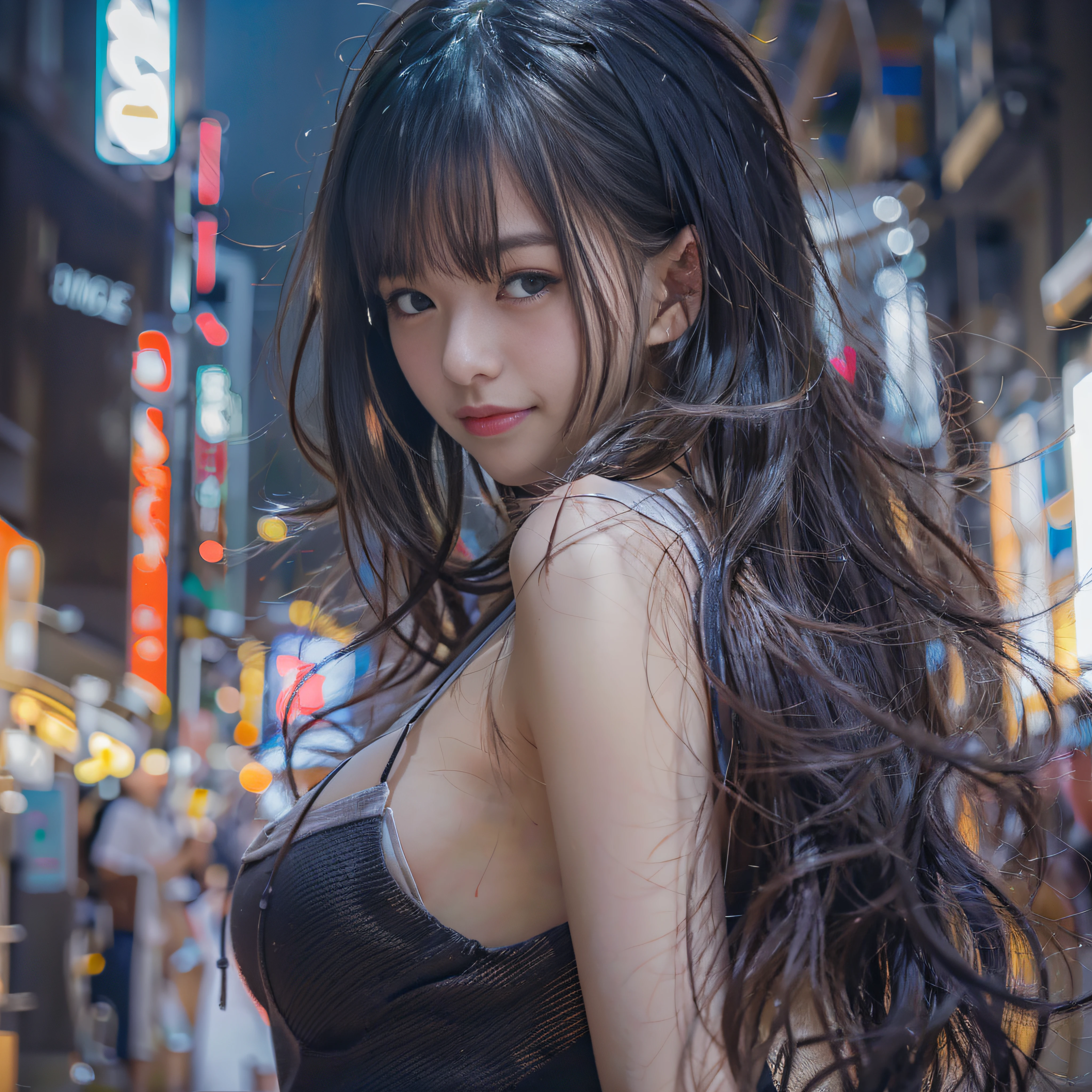 女の子1人、on tokyo street、A city scape、night cityscape、Neon Street、The upper part of the body、a closeup、A smile、、(8K、Raw photography、top-quality、masterpiece:1.2)、(realisitic、photoRealstic:1.37)、Highly detailed eyelash drawing、(((Top image quality))),Colossal tits、Fine skin, (Beautiful hair), (Perfect Anatomy), (Realistic), (Dynamic Angle), Pose Seductive,Perfect,Sensual look、top-quality、hight resolution、