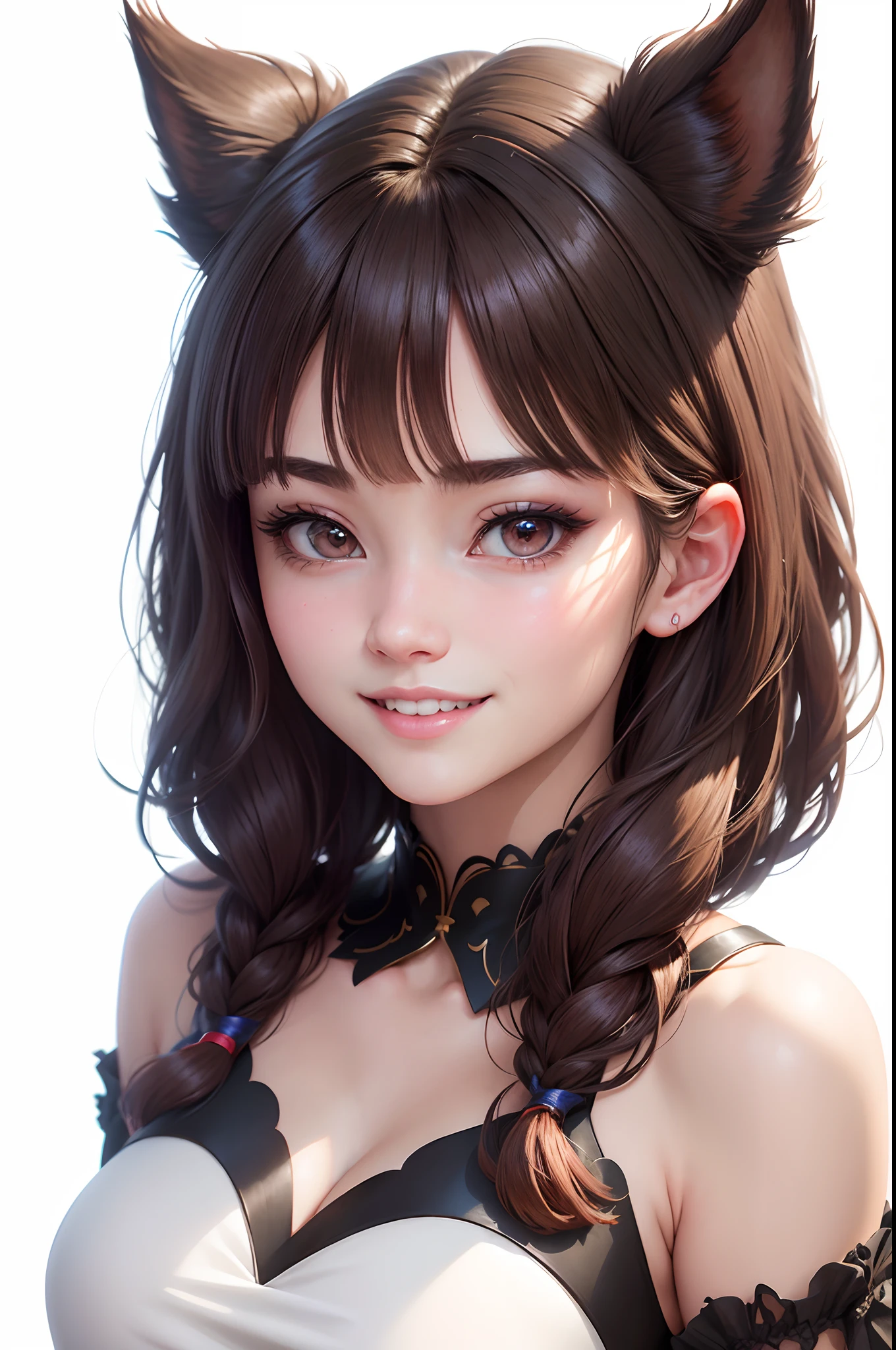 brunette color hair、whair、wince、long eyelasher、Solid round eyes、fakeanimalears、Light smile、Ear blush、fang、ultra-realistic realism、shadowing、anaglyph、stereograms、cleavage、Standing painting、full bodyesbian、pov、atmosphric perspective、8k、super detailing、precise, Best quality at best