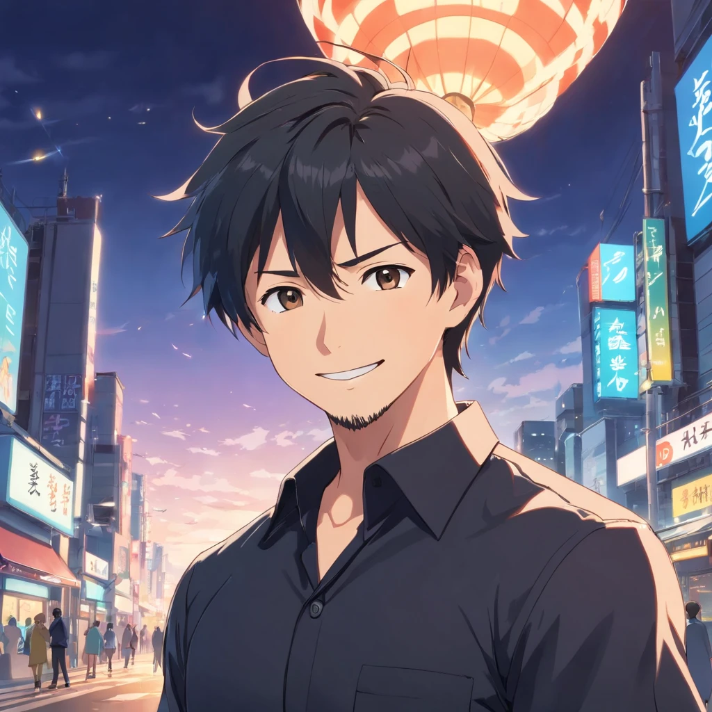 (Front view:1.4),Groomed beard,40-year-old dandy man,Composition of the upper body,Makoto Shinkai's painting style,japanes,(A smile:1.3),,A tall man,a beard, Delicate facial features like an actor,Short-haired true black hair, (Black collared shirt:1.4), Intense muscles, eyes are brown, 1 Nothing behind、Nothing in the background、Empty background