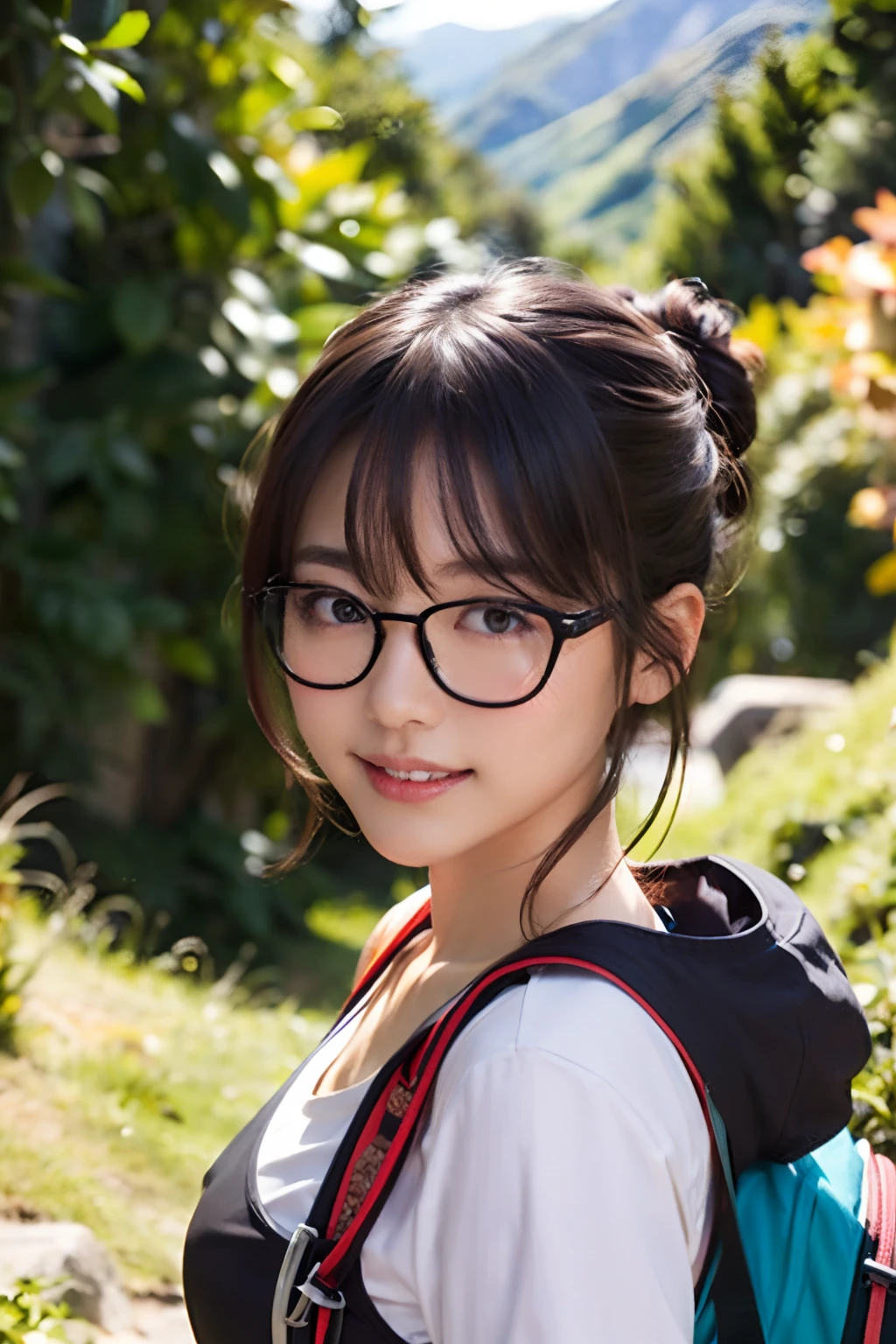 (8K、Raw photography、top-quality、masterpiece:1.2)、(realisitic、Photorealsitic:1.37)、ultra-detailliert、超A high resolution、 1 人、29yo、see the beholder、beautifull detailed face、Smile、Constriction、(Slim waist) :1.3)、Beautiful detailed skin、Skin Texture、Floating hair、Hair bunched into one、(Mountaineering Wear:1.4)、Professional Lighting、Barbecue area in autumn、campsite、(((Black square glasses )))、Whole human body、Black hair、((Shameful appearance))、