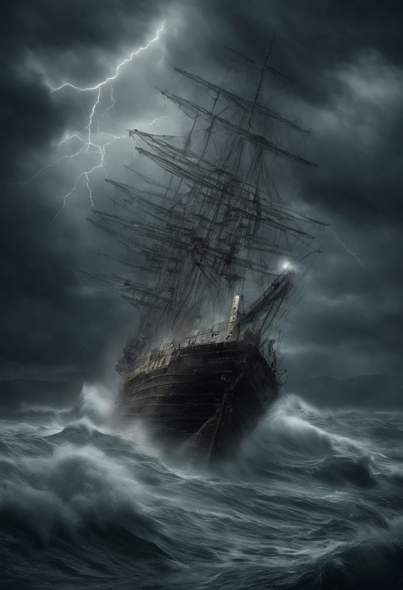 Ghost ship in a big storm with a lot of thunder and lightning Surreal digital art, Surreal art, surreal scene, Amazing lightning art, thunderstorm, by Alexander Kucharsky, during a storm, thunderstorm, sea with big waves, hyper detailed, hyper realistic, masterpiece 8k