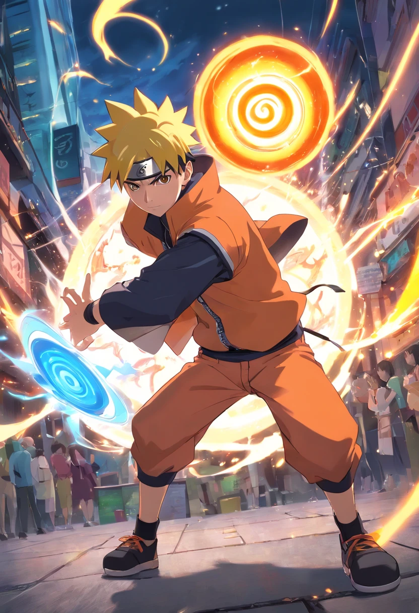 An incredibly detailed illustration of Naruto Uzumaki using his rasengan technique, Combat Position, incredible details, sombras perfeitas, Dynamic background, estilo de desenho hiper-realista.