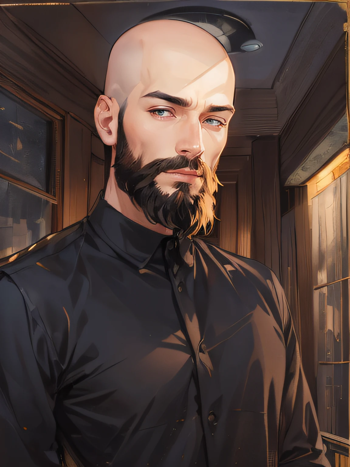 young Man with no hair, standing in relaxed pose, slight smile, full beard, wearing black shirt, looking at viewer, portrait photo