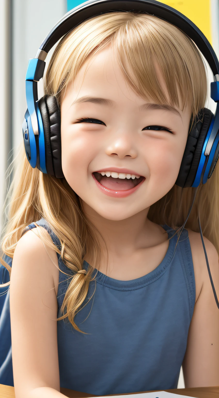 Foreigners wearing headphones Blonde study Laughing cute little bule Facing the front