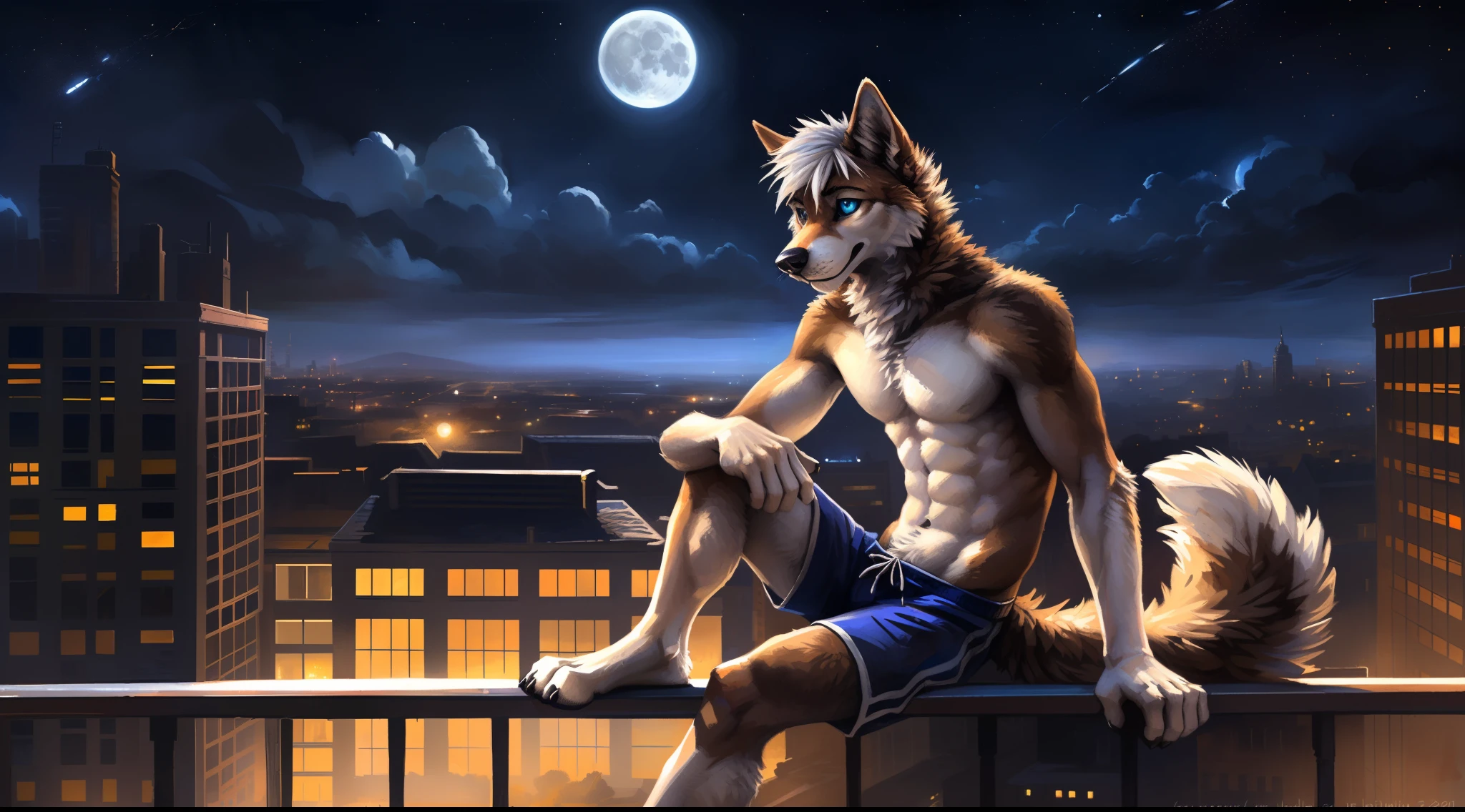 ((Solo)), male people, anthro wolf, (Multi-colored fur, White-brown:1.3), ((Dog face, White hair, Big eyes, White eyelids, Blue pupil, Slim:1.2) (Tough, Calm expression:1.2)), Abs, Slim, pinging)), (Correct anatomy), (Work shorts:1.1), (Contour bone:1.2), The upper body is naked, (detailed outfits),A big tail，Feet，Longer legs，(Realistic fur, Detailed fur texture, labeled:1.3)), (Natural lighting), Photorealistic, Hyperrealistic, ultradetailed, by Kenket，In the modern city，Roof，the night，Sit alone，Look at the full moon，It was dark，Starry