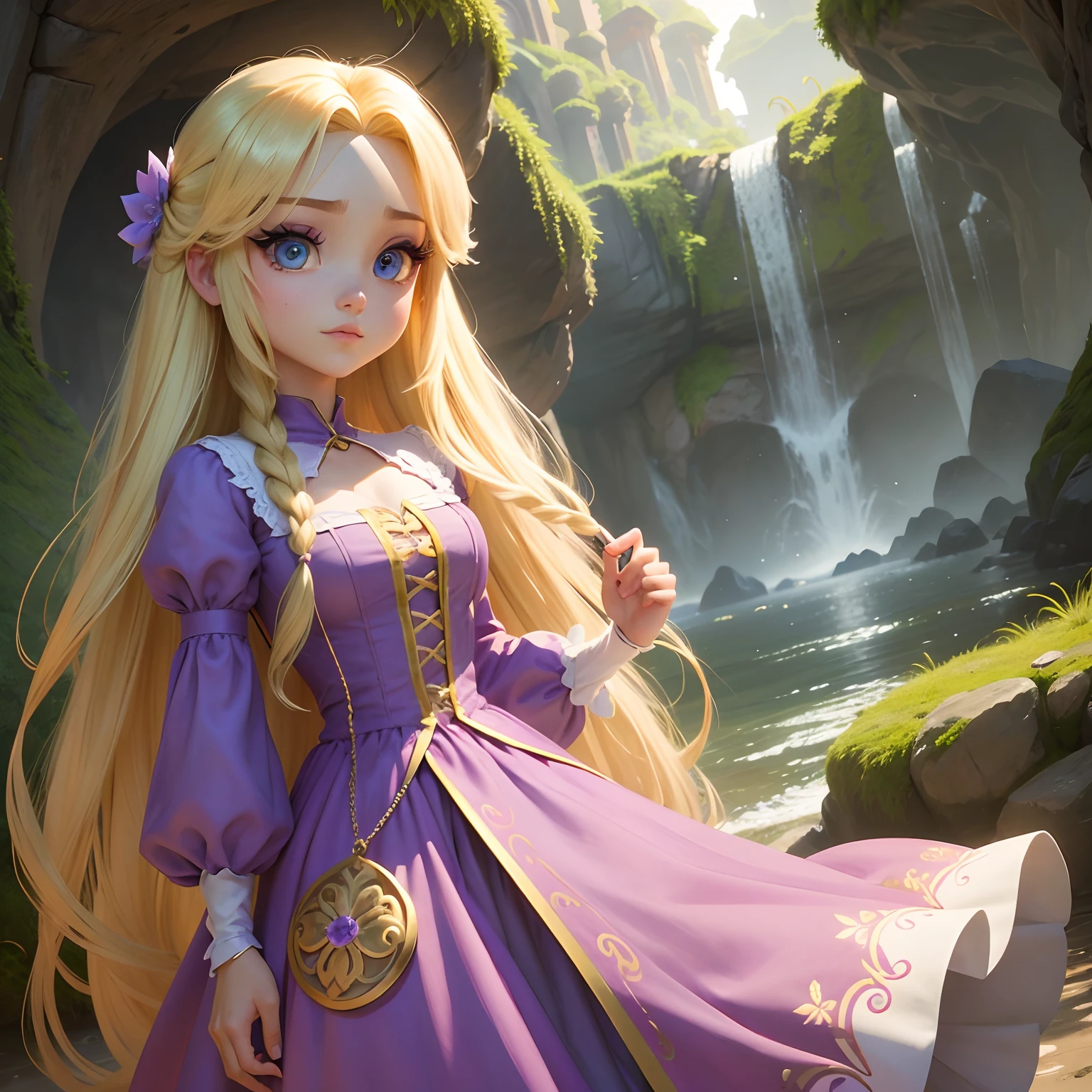 Rapunzel estilo disney, Rapunzel Chibi, hiper detalhista, olhos pedras preciosas.