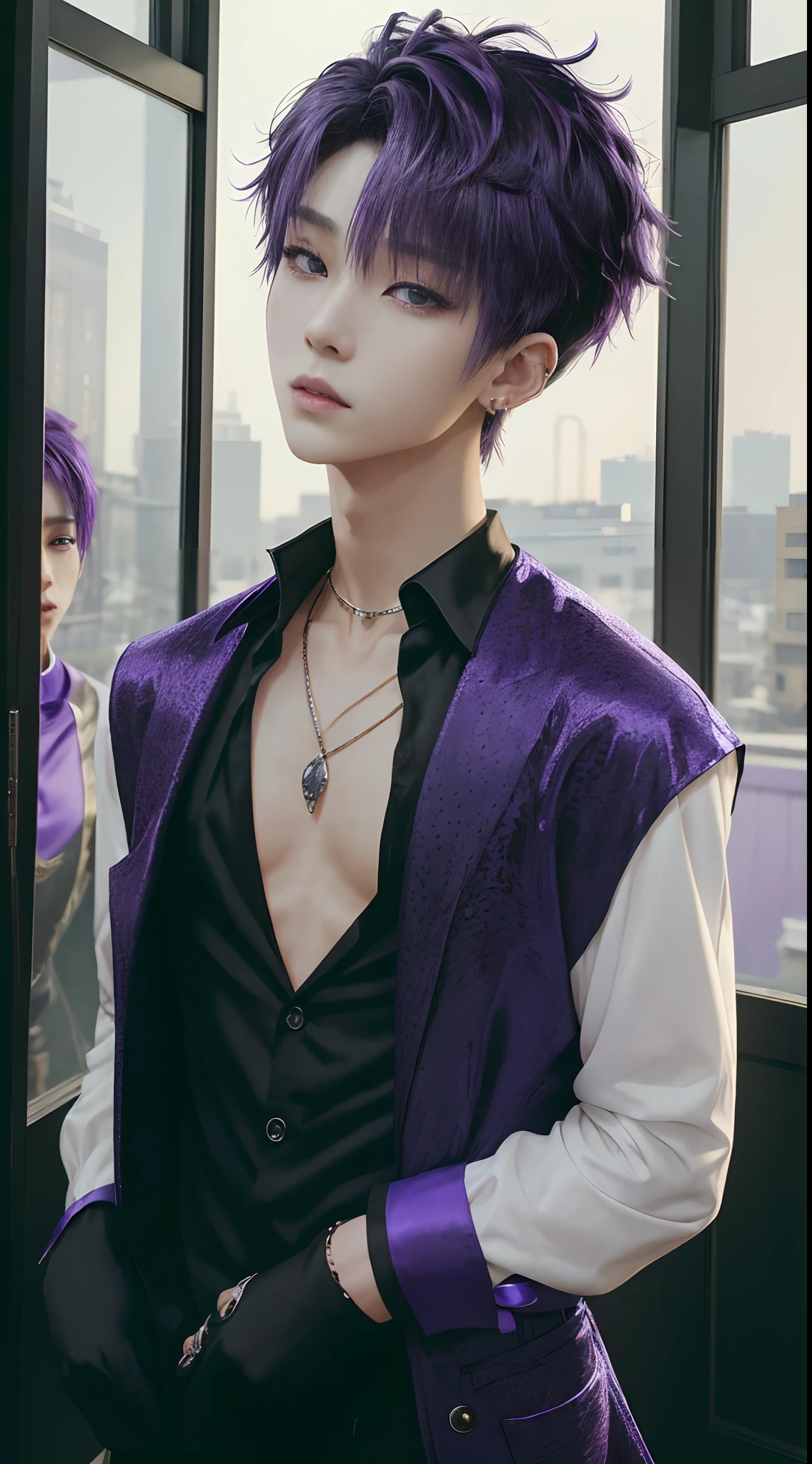 masterpiece, top-quality, 1male people,, Adults, tall, different fashion, different color, finely eye and detailed face, intricate detailes, ((Korean fashion in black and white)), window, Happiness, tenderness, high-level image quality、tall、The upper part of the body、nightfall、nighttime scene、𝓡𝓸𝓶𝓪𝓷𝓽𝓲𝓬、Korean Male, Idol Photos, k pop, Professional Photos, Vampires, Korean fashion in black and white, Fedoman with necklace, inspired by Sim Sa-jeong, androgynous vampire, :9 detailed face: 8, extra detailed face, detailed punk hair, ((eyes are brown)) baggy eyes, Seductive. Highly detailed, semi realistic anime, Vampires, hyperrealistic , delicate androgynous prince, imvu, Bangs hide both eyes and you can't see, short hair above the ears, Man with short hair, ((Purple haired man with wild expression)), ((Man with short hair in bright purple))