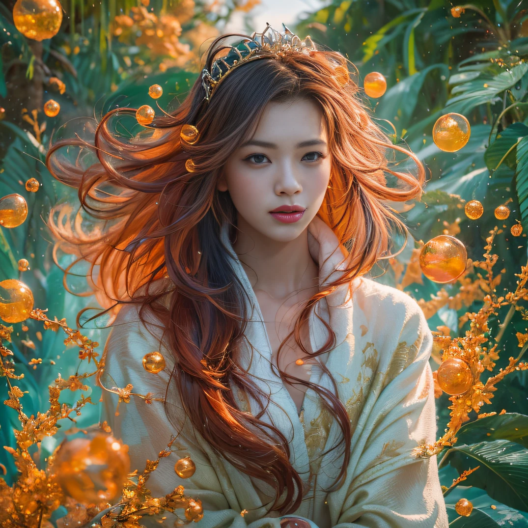 cyan colors,blue colors,enamel,agates,A flesh-colored world,Blood Girl 32K(tmasterpiece,k hd,hyper HD,32K)Long flowing bright orange hair,blood pond,zydink, a color,Grumpy (Post-halo), (Linen scarf), Combat posture, looking at the ground, long whitr hair, Floating bright orange, Fire cloud pattern gold tiara, Chinese long-sleeved gold silk burgundy garment, (Abstract metaverse splash:1.2), white backgrounid,Lotus vitality protector(realisticlying:1.4),Bright purple hair,Smoke on the road,The background is pure, A high resolution, the detail, RAW photogr, Sharp Re, Nikon D850 Film Stock Photo by Jefferies Lee 4 Kodak Portra 400 Camera F1.6 shots, Rich colors, ultra-realistic vivid textures, Dramatic lighting, Unreal Engine Art Station Trend, cinestir 800,A girl with long flowing bright orange hair,Huge multicolored bubbles