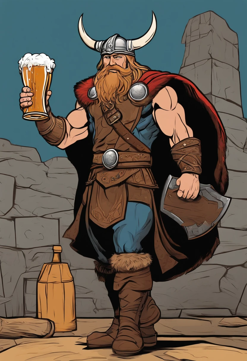 strong viking, drinking a beer, holding a beer mug, full body, comic book style, vector, thor inspired, no background, charismatic, full body, standing