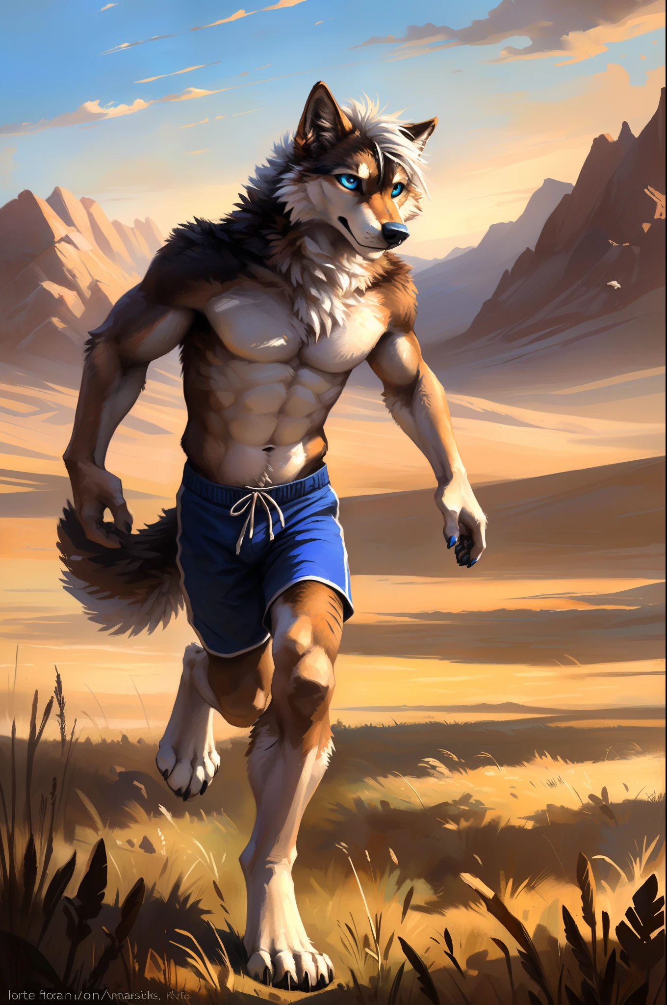 ((Solo)), male people, anthro wolf, (Multi-colored fur, White-brown:1.3), ((Wolf face, White hair, Big eyes, White eyelids, Blue pupil, Slim:1.2) (Tough, Calm expression:1.2)), Abs, Slim, pinging)), (Correct anatomy), (Work shorts:1.1), (Contour bone:1.2), The upper body is naked, (detailed outfits),A big tail，Feet，(Realistic fur, Detailed fur texture, labeled:1.3)), (Natural lighting), Photorealistic, Hyperrealistic, ultradetailed, by Kenket，Endless grasslands，No buildings，Running on