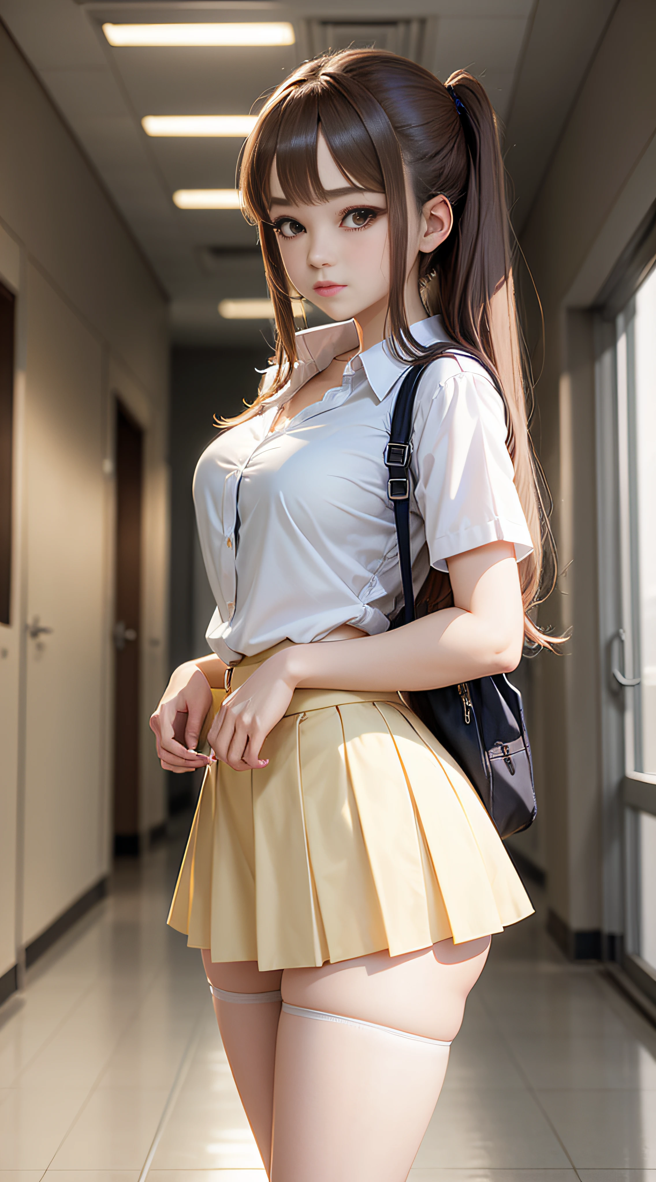 Anime girl wearing white shirt and a skirt at a school hallway