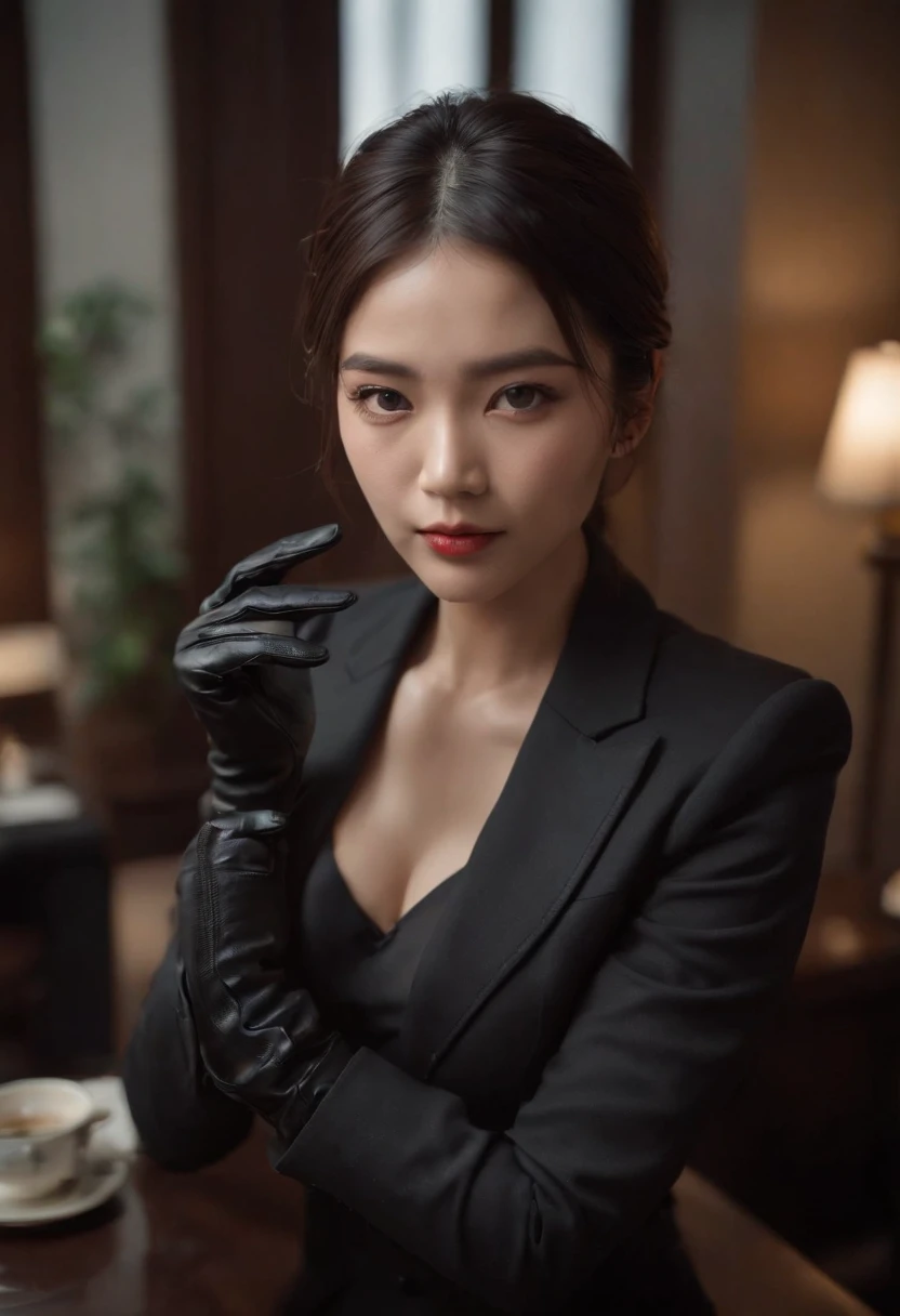A woman wearing a men's three-piece suit with a black shirt, wearing black leather gloves in both hands, a Japanese girl, a dark hotel room