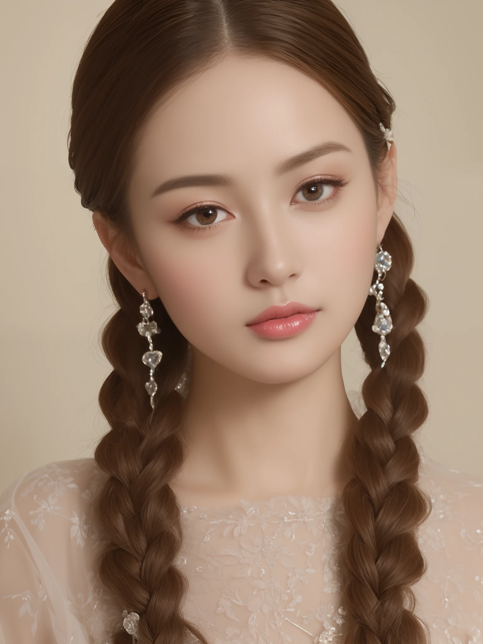 (Ultra-high quality masterpiece,A beautiful bust of a noble maiden,Classical braids,The eyes are shiny and clear,Floral craftsmanship,Crystal jewelry,Ultra-fine details,Soft lighting)