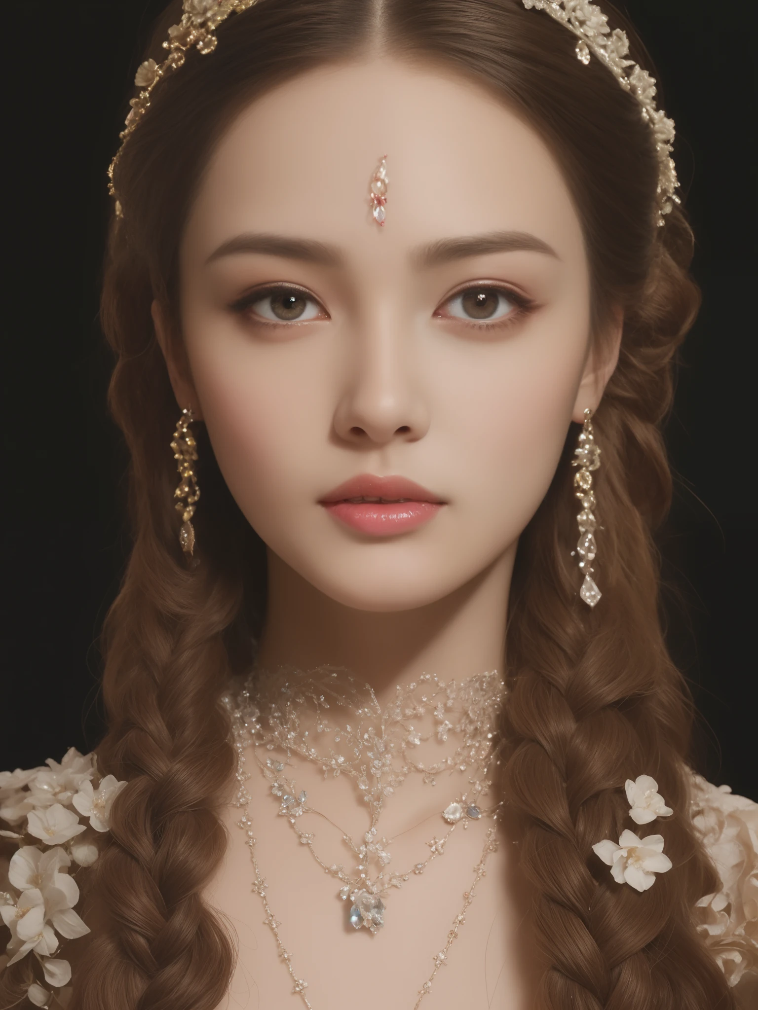 (Ultra-high quality masterpiece，A beautiful bust of a noble maiden，Classical braids，The eyes are shiny and clear，Floral craftsmanship，Crystal jewelry，Ultra-fine details，Soft lighting)