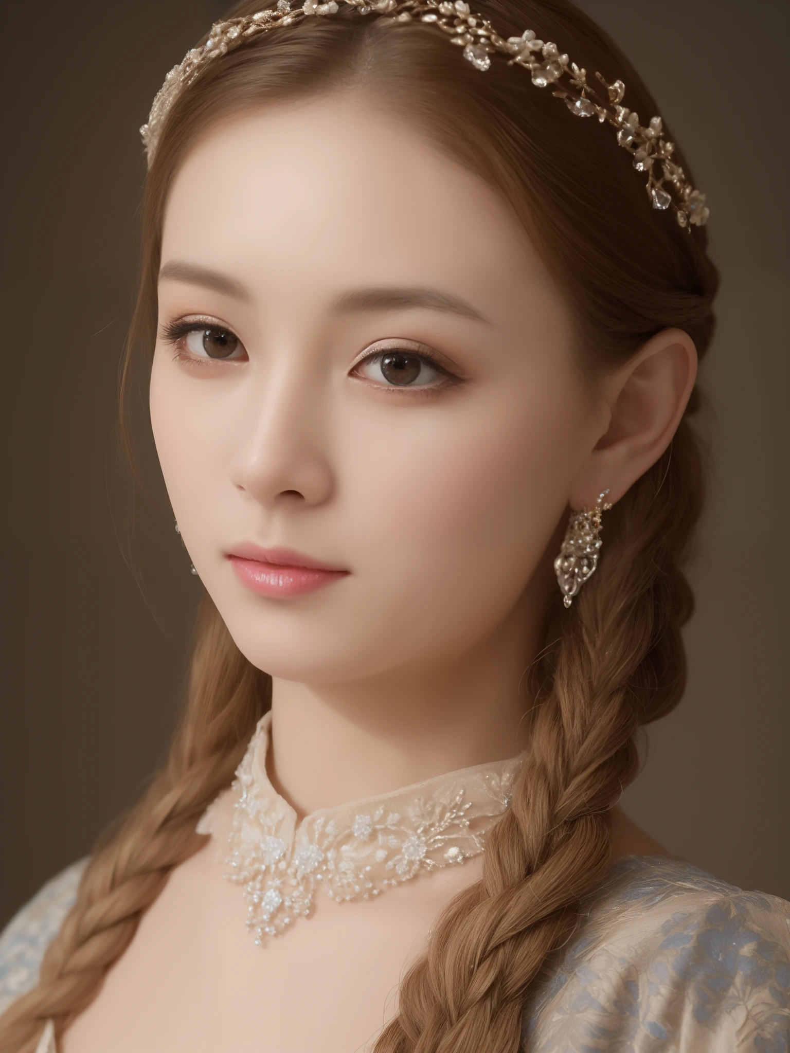 (Ultra-high quality masterpiece,A beautiful bust of a noble maiden,Classical braids,The eyes are shiny and clear,Floral craftsmanship,Crystal jewelry,Ultra-fine details,Soft lighting)