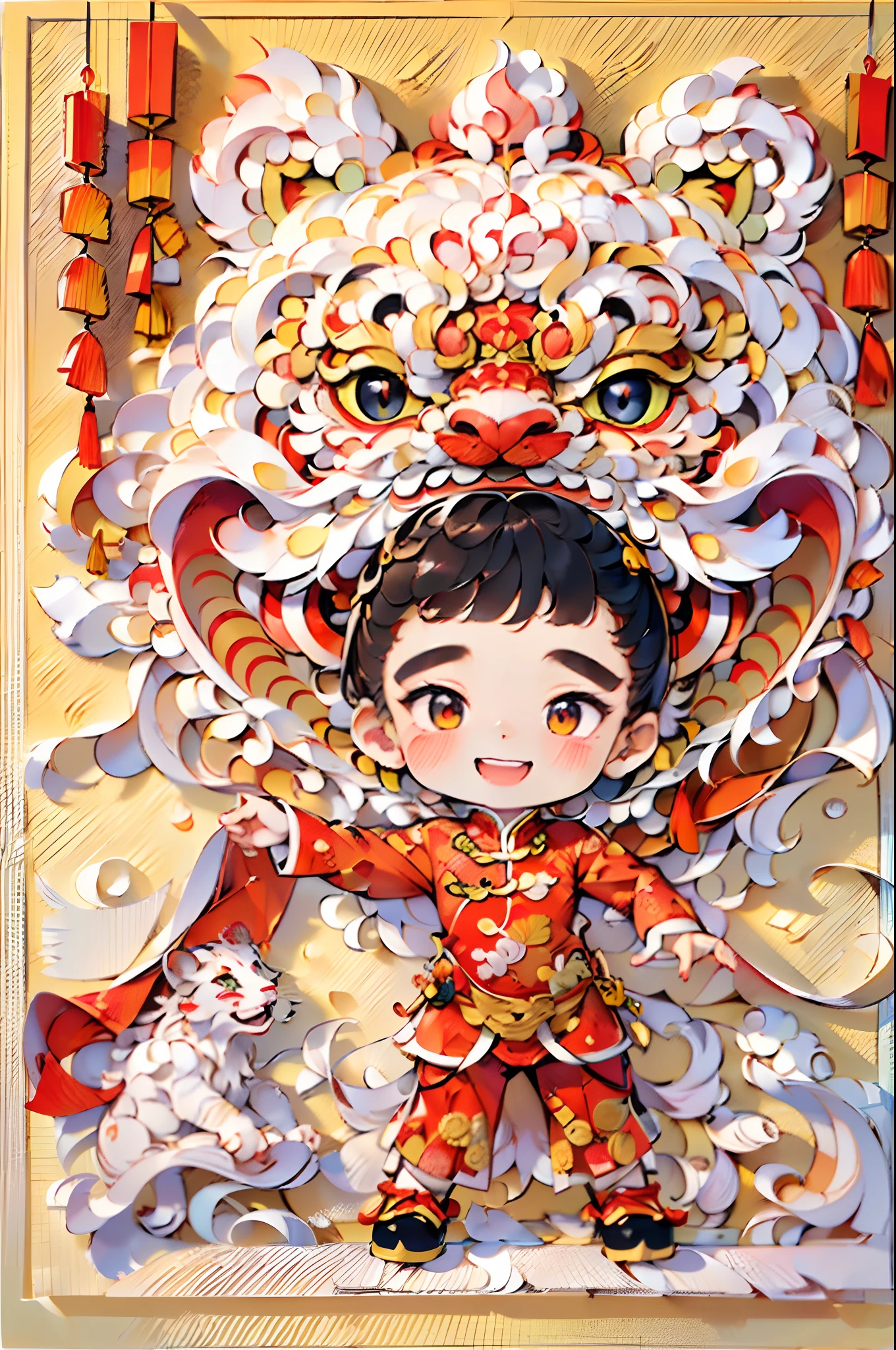 (illustration:1.3，paper art:1.3, Quilted paper art:1.2)，Delicate, Detailed, Playful, A Boy Holds Lion Head with Both Hands, Dancing, Excited, Red Lantern, Chinese Year, Covered Face, Perfect Body Proportions, Solo, Indoor, Chinese Clothes, Chinese Style, Red, Lion Dance