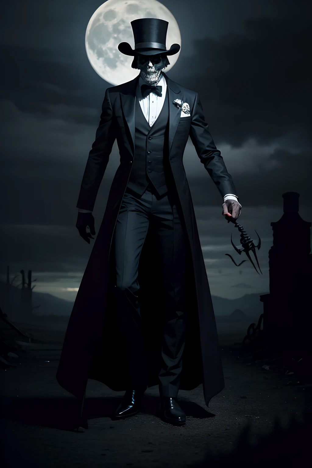 A scary looking man who is a creepy undertaker with a skull for a head, wearing a tuxedo and top hat, holding a leg bone, background is a full moon and bats, mood is morbid, shadowy, dreadful, gloomy, haunting, dark stormy sky, dramatic lighting, character design.