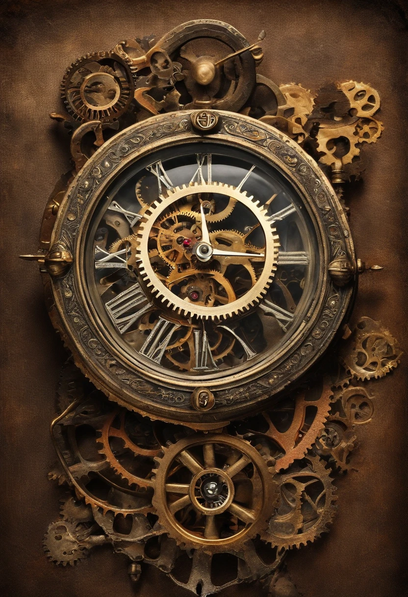 Clock with gears and gears on a brown background - SeaArt AI