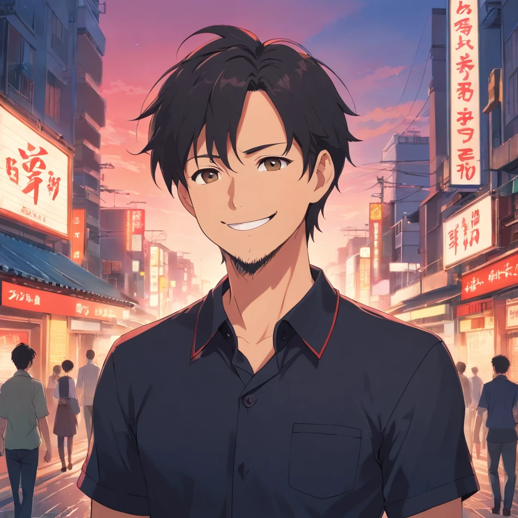 (Front view:1.4),Groomed beard,40-year-old dandy man,Composition of the upper body,japanes,(A smile:1.3),A tall man,a beard, Delicate facial features like an actor,thick eyebrow,Short-haired true black hair, (Black collared shirt:1.4), Intense muscles, eyes are brown, 1 Nothing behind、Nothing in the background、evening glow、Red background