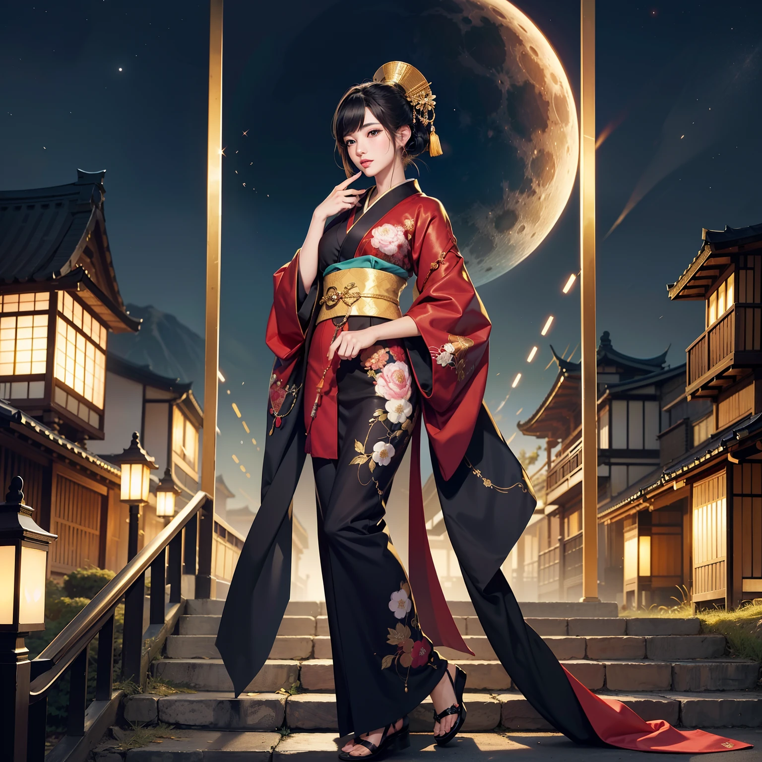 a moon、Detailed background((ancient city:1.2),细致背景)、Elegant backgrounds,Zen entanglement, glossy dark hair,poneyTail,Lots of bouquets in hand, BREAK,elaborate costume{Luxury kimono(Colorful kimono(Detailed golden embroidery,))}、poneyTail,Japanese Idol(actress),Depict a beautiful and graceful woman of Japan。Heart in the eye。 Wallpaper 8K, .Blur the background with a sickle,((masutepiece)), ((Best Quality)),{{a portrait photo of}},full body Esbian