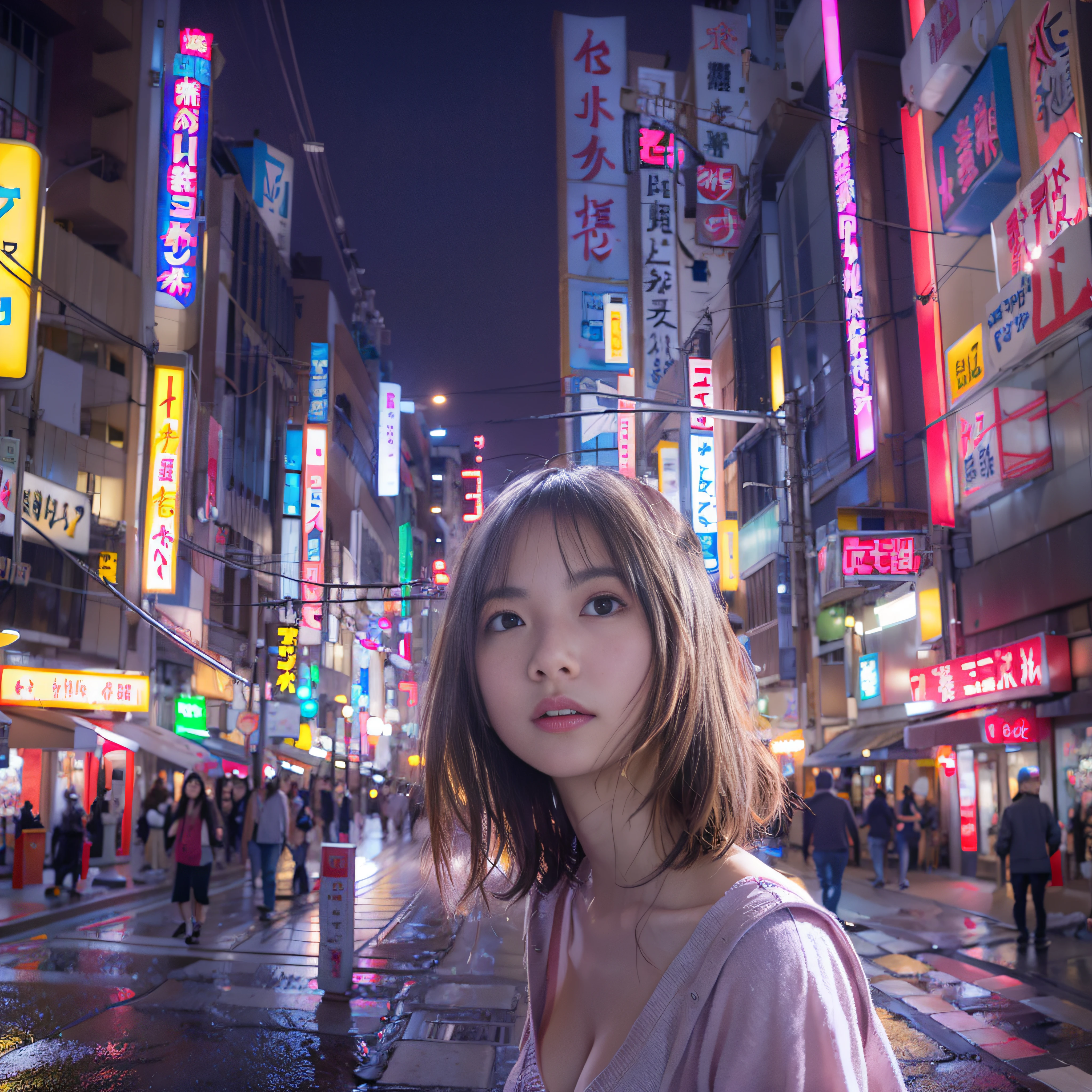1人、on tokyo street、A city scape、night cityscape、Neon Street、The upper part of the body、a closeup、A smile、、(8K、Raw photography、top-quality、​masterpiece:1.2)、(realisitic、photoRealstic:1.37)、Highly detailed eyelash drawing、(((Top image quality))),Colossal tits、Fine skin, (Beautiful hair), (Perfect Anatomy), (Realistic), (Dynamic Angle), Pose Seductive,Perfect,Sensual look、top-quality、hight resolution、