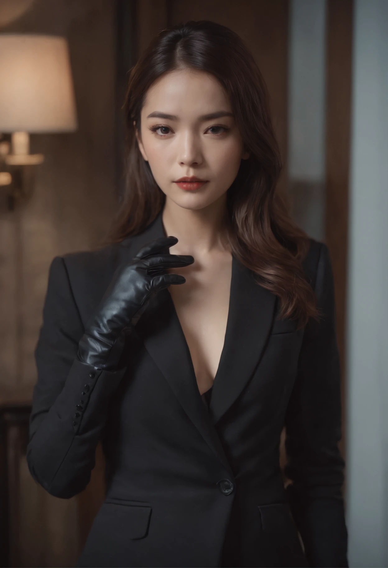 A woman wearing a men's three-piece suit with a black shirt, wearing black leather gloves in both hands, a Japanese girl, a dark hotel room