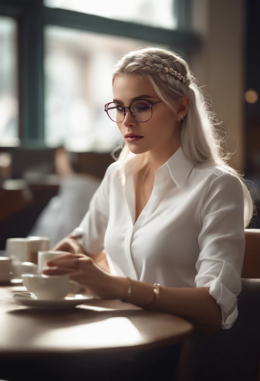 At best....., high-detail, master-piece, ultra-detail, (Realistic:1.2), 1girls, ( Cafe Background),, delicate eyes, silver-haired, purple eyes, Hair ornaments, (Clear Buttons White Tight Office Shirt:1.3),Hair length, light_ear, diadem_braid, expressionless, straight hair, (++ Seated: 1.2), large boobs,lifelike,soft colors,Wear glasses