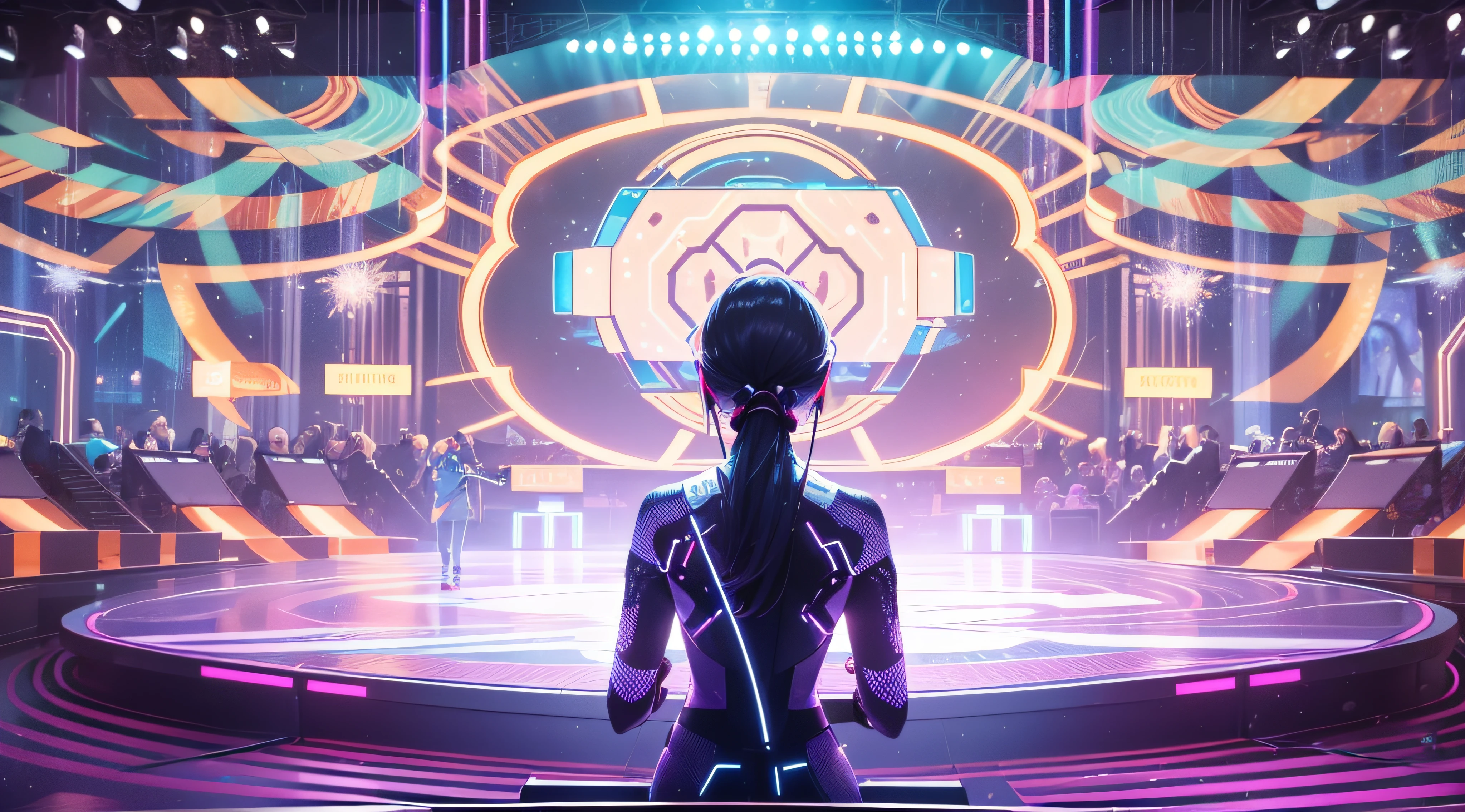 Create a creative art scene of AI singing on stage in front of an enthusiastic audience at a futuristic metaverse music festival.cute AI singer stands on holographic stage、Imagine playing music with digital licenses and emotions. Beautiful scene combined with audience reaction, Light production, And a futuristic musical experience,8K.High quality,