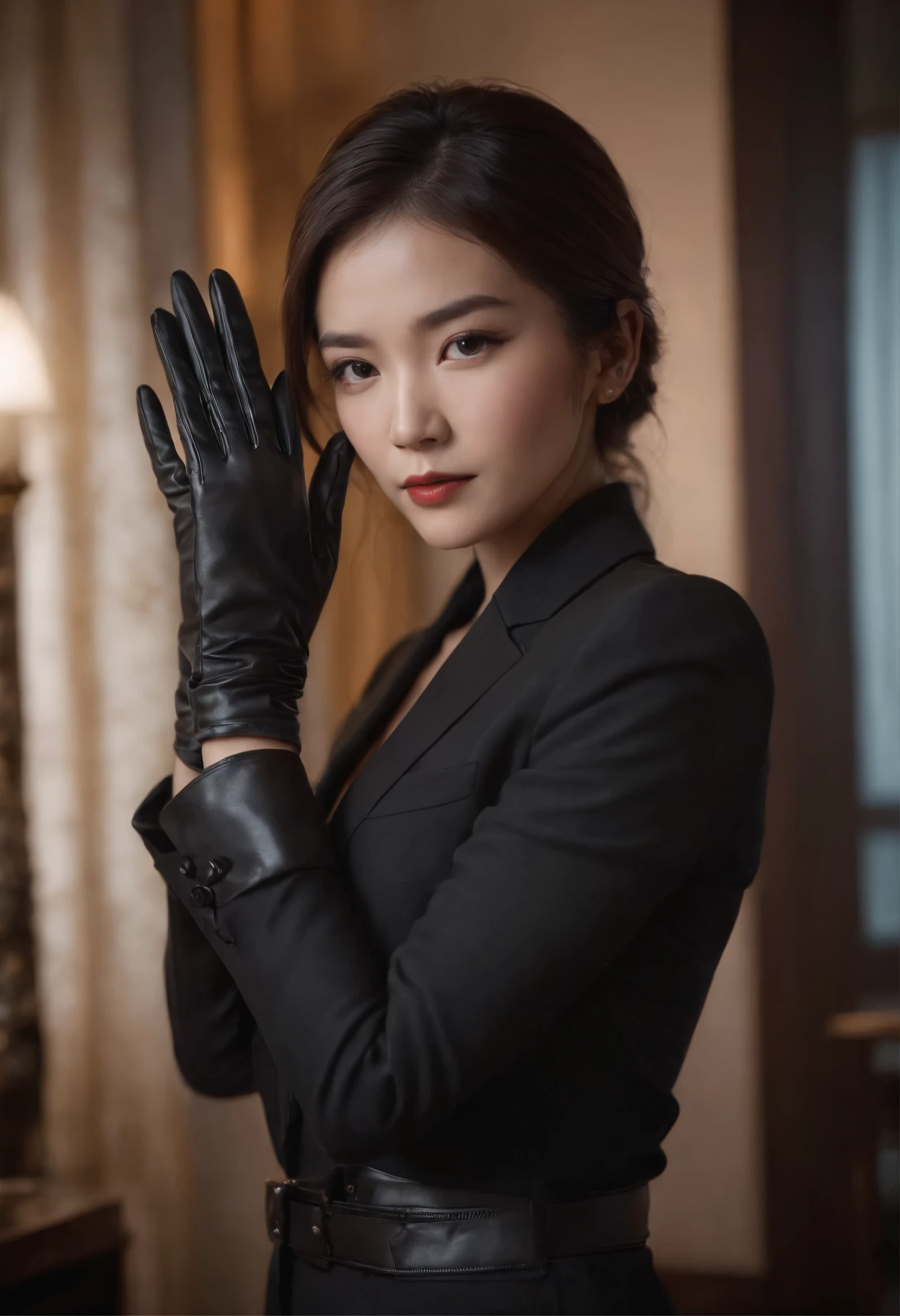 A woman wearing a men's three-piece suit with a black shirt, wearing black leather gloves in both hands, a Japanese girl, a dark hotel room