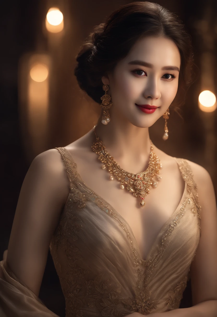best quality, masterpiece, highres, 1girl, transparent silk china dress, beautiful face, hair ornament, looking at viewer, smile, closed mouth,lips, dress,hair ornament, necklace, jewelry, long hair, earrings, Beautiful face,upon_body, tyndall effect,photorealistic, dark studio, rim lighting, two tone lighting,(high detailed skin:1.2), 8k uhd, dslr, soft lighting, high quality, volumetric lighting, candid, Photograph, high resolution, 4k, 8k, Bokeh