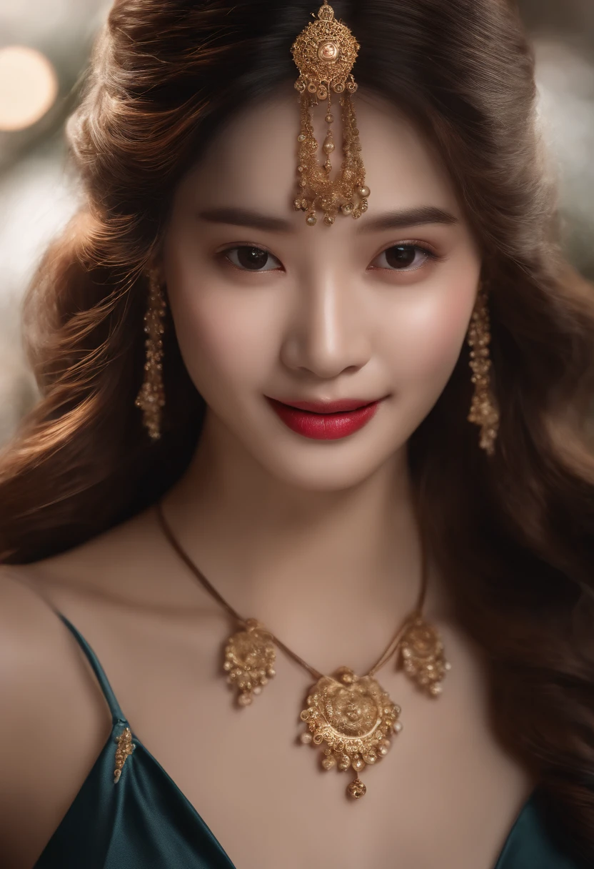 best quality, masterpiece, highres, 1girl, transparent silk china dress, beautiful face, hair ornament, looking at viewer, smile, closed mouth,lips, dress,hair ornament, necklace, jewelry, long hair, earrings, Beautiful face,upon_body, tyndall effect,photorealistic, dark studio, rim lighting, two tone lighting,(high detailed skin:1.2), 8k uhd, dslr, soft lighting, high quality, volumetric lighting, candid, Photograph, high resolution, 4k, 8k, Bokeh
