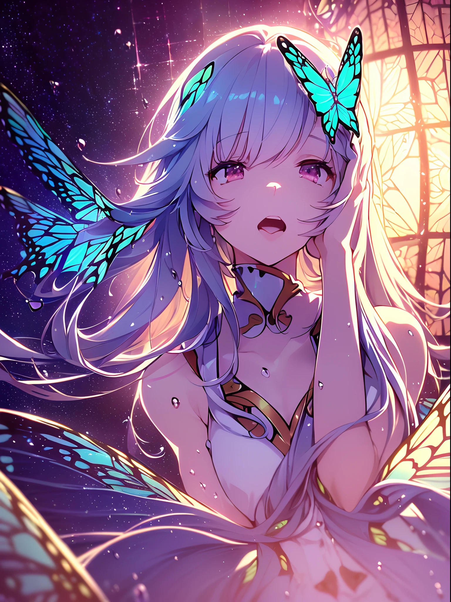 (((ayanami rei))),((((((BREAK,Design an image with a fisheye lens effect, capturing a wide field of view with a distinctive, curved perspective.BREAK,)))))((1girl:1.1,solo,))(masterpiece,best quality, official art,beside to viewers, beautiful and aesthetic:1.3),((ultra high res,golden ratio,)) (4k),((shot from side,dawn,rainbow,raindrops, dreamland,beautiful sky,detailed aurora)),((((square bubbles,))))dynamic lighting, cinematic lighting,((((butterfly mountain,))))(fantasy,)((psychedelic)),((dreamy)),((holographic,))radiosity, physically-based rendering,automatic white balance), technological sense,Amazing,sharp focus,detailed background,rich background, (((high detailed skin,)))dynamic lighting,intricate detailed outfit,glowing eyes,watery eyes,((extremely long hair,hair over shoulders))skiny,slender,smooth beast,sundress with laces,((musical notes)),(masterpiece sidelighting),(bishoujo,lustrous),(sky blue hair,pink eyes,）[[delicate fingers and hands:0.55]::0.85],(detail fingers),(((Ultra Photographic Quality,ultra wide angles)))),((incredibly absurdres,photoreality)),(realilty:0.7),((open mouth,a girl is chanting,put hands together,))((Wariza,upper body shot,floating))Golden rings,((extremely_detailed_eyes_and_face)),(disheveled hair),FilmGirl,(dynamic configuration: 1.2),Brilliant,drifting Nebula,ethereal, glossy ,striking contrast,high saturation