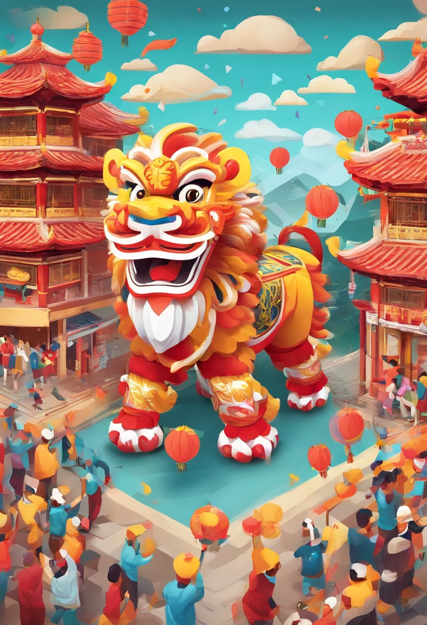 lion dance, depth of fields,jubilation, festivity, exhilarated, Streamers