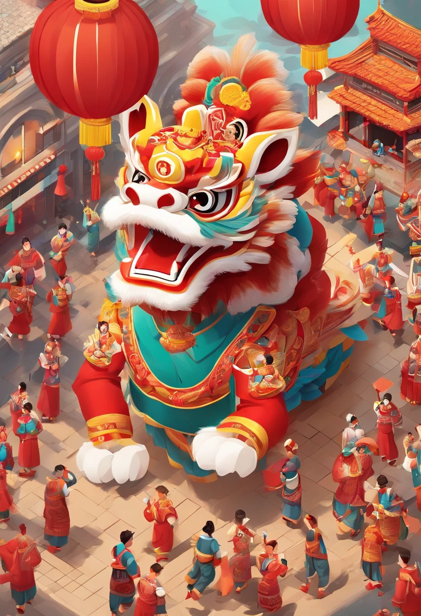 lion dance, depth of fields，jubilation, festivity, exhilarated, Streamers
