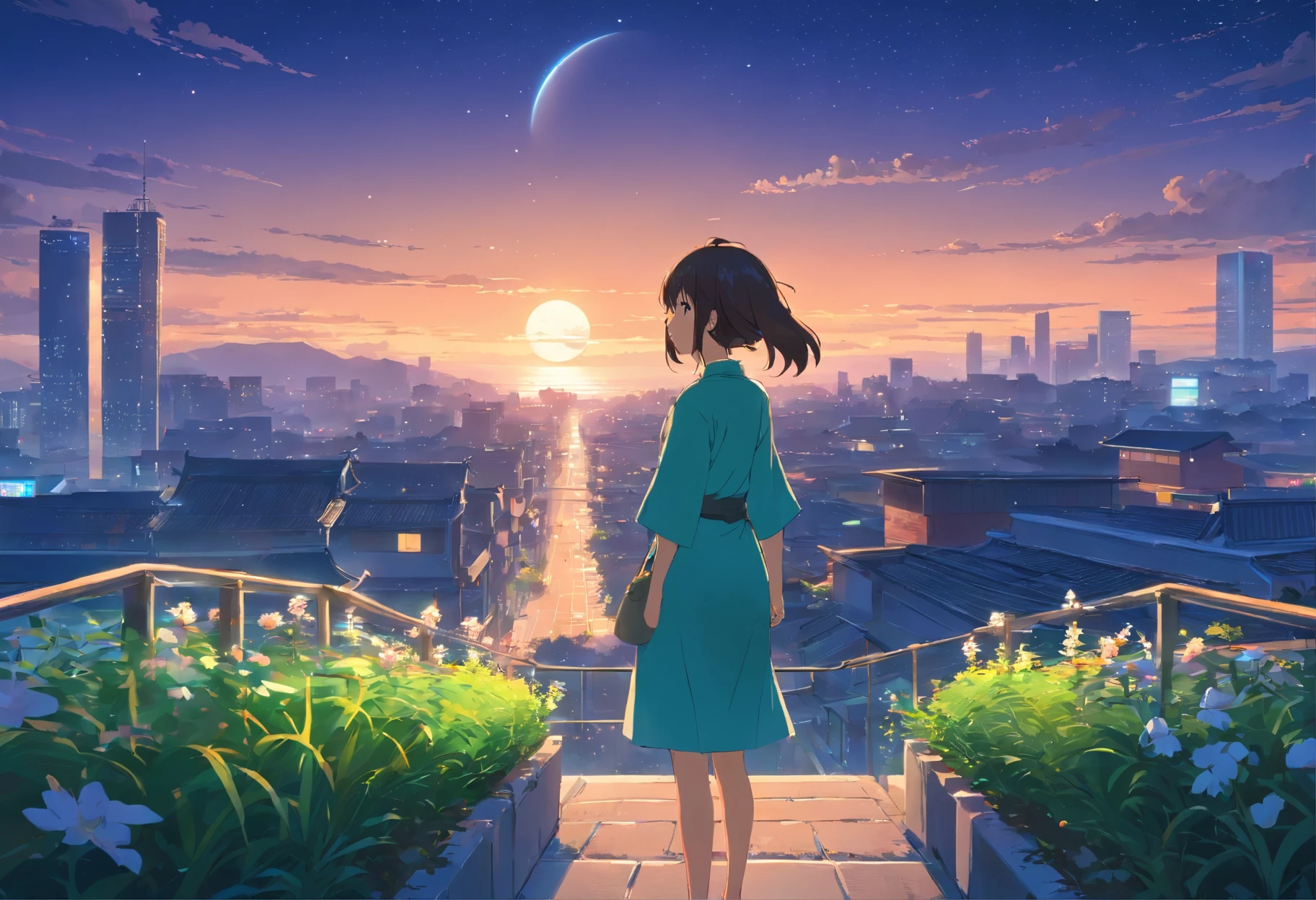 Best quality at best,tmasterpiece,The is very detailed,Face details,8K, detailed back ground,There are no characters,There are no humans,There are no characters,There are no roles,Pure landscape view,独奏,Chinese city,Chinese service,the night,themoon,scenecy,high place,horizon,ventania,wind blown,flowerbed