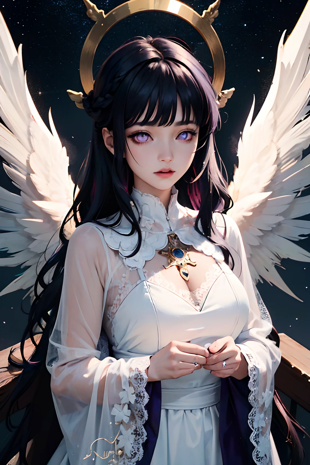 (masterpiece), (best quality:1.4), absurdres, [:intricate details:0.2], angel, angel wings, milky way, sky, shimmering aura, intense focus, crackling energy, mysterious symbols, sparkling motes,Blunt Bangs, purple eyes, long wavy dark blue hair, white dress, lace